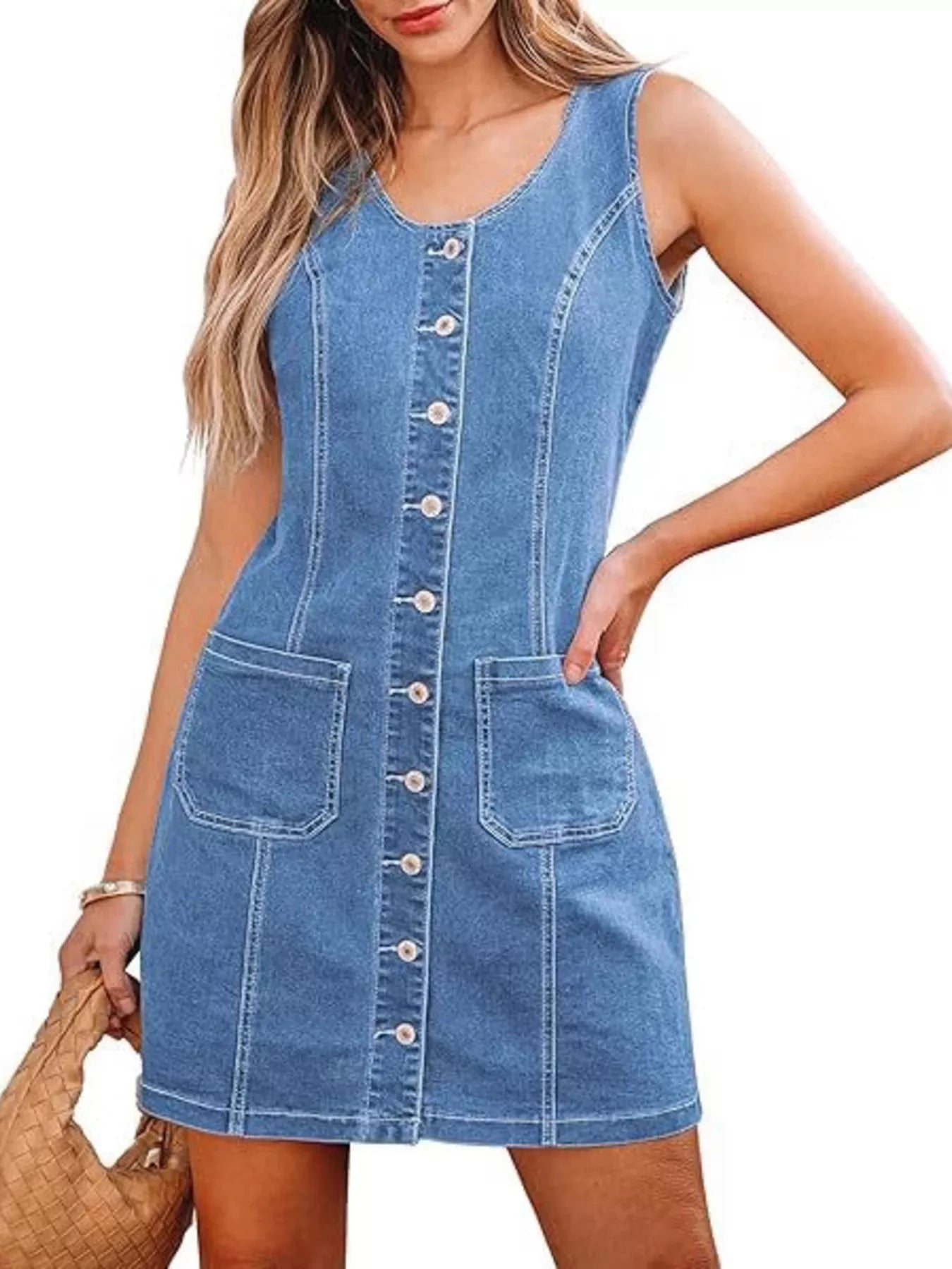 Button-Front Sleeveless Denim Dress