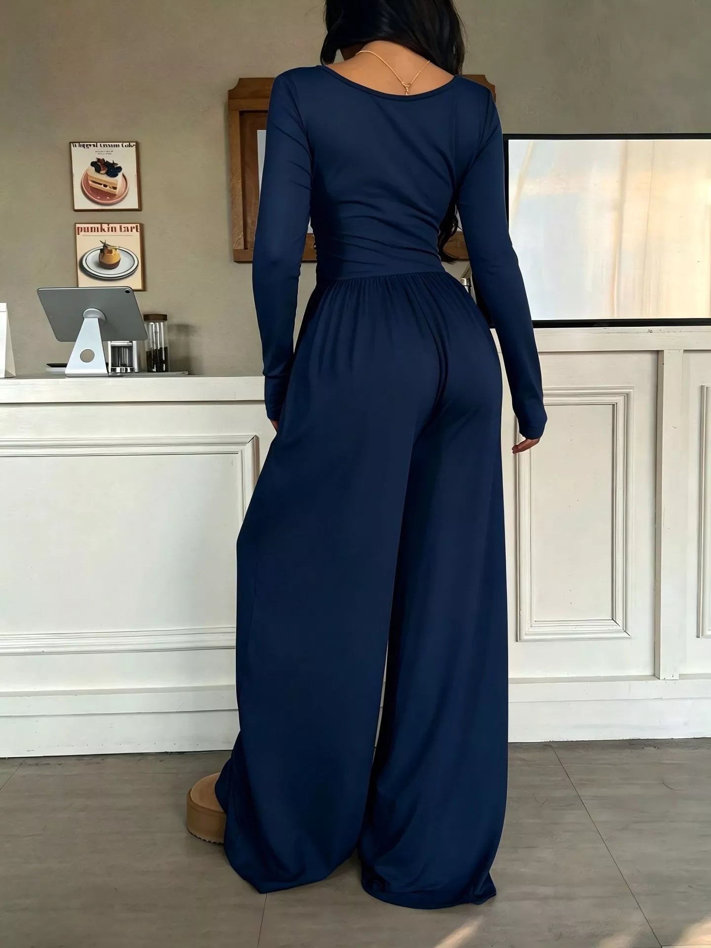 Ruched Square Neck Wide-Leg Jumpsuit
