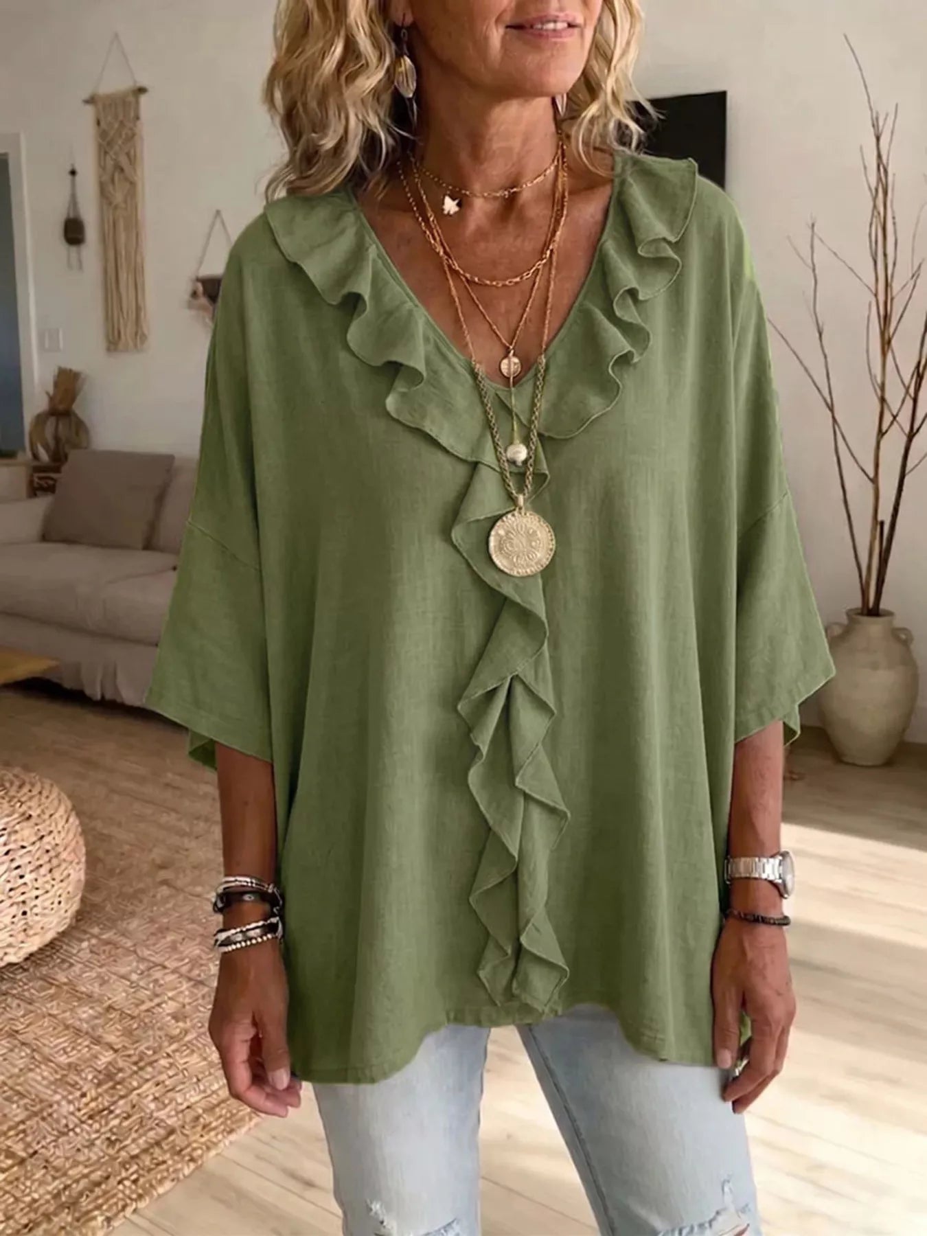 Full Size Ruffled V-Neck 3/4 Sleeve Blouse Plus Size