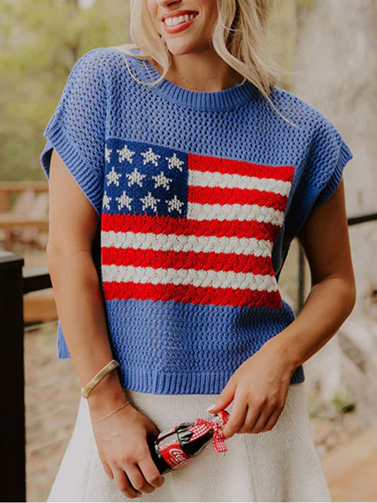 Flag Graphic Short Sleeve Sweater Top