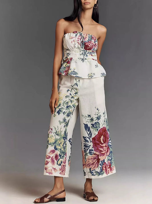 Floral Print Strapless Top and Wide-Leg Pants Set