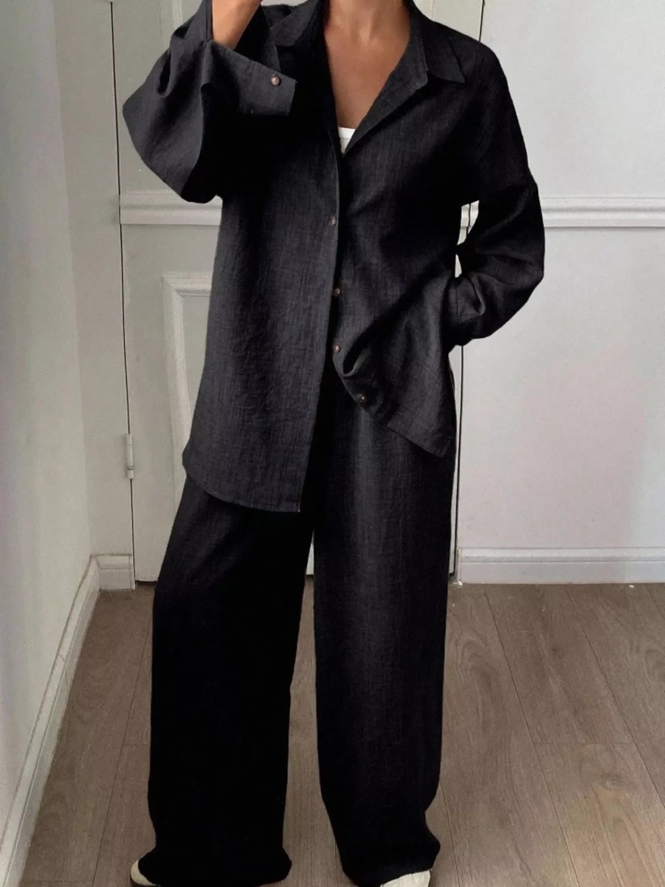 Button Up Long Sleeve Shirt and Wide Leg Pants Set
