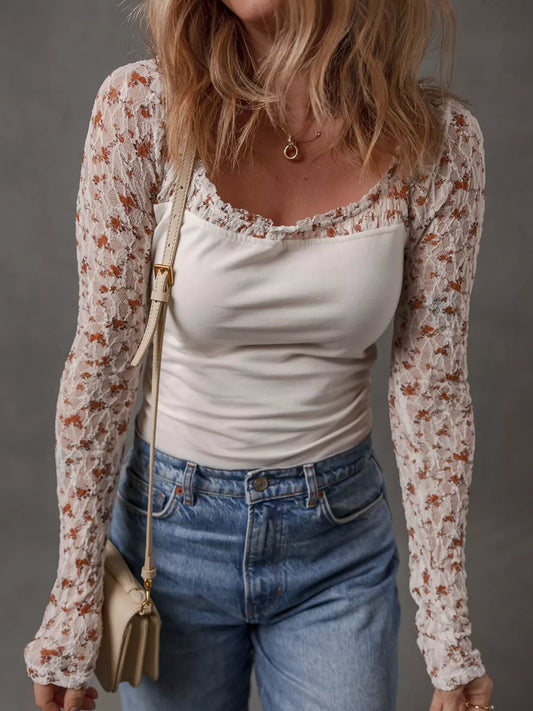 Floral Lace Patchwork Square Neck Long Sleeve Top