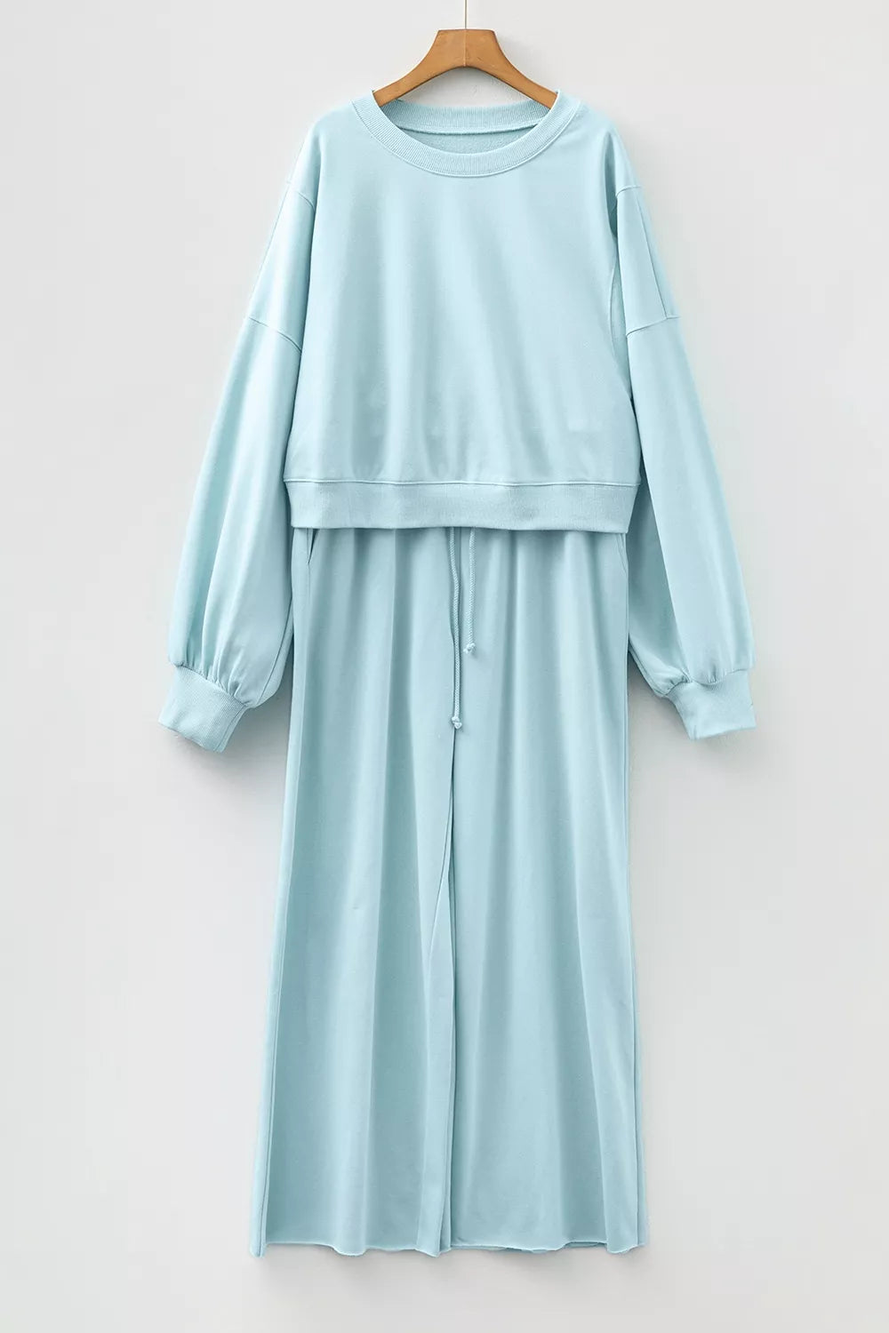 Drop Shoulder Puff Sleeve Crop Pullover Drawstring Wide Leg Pants Set