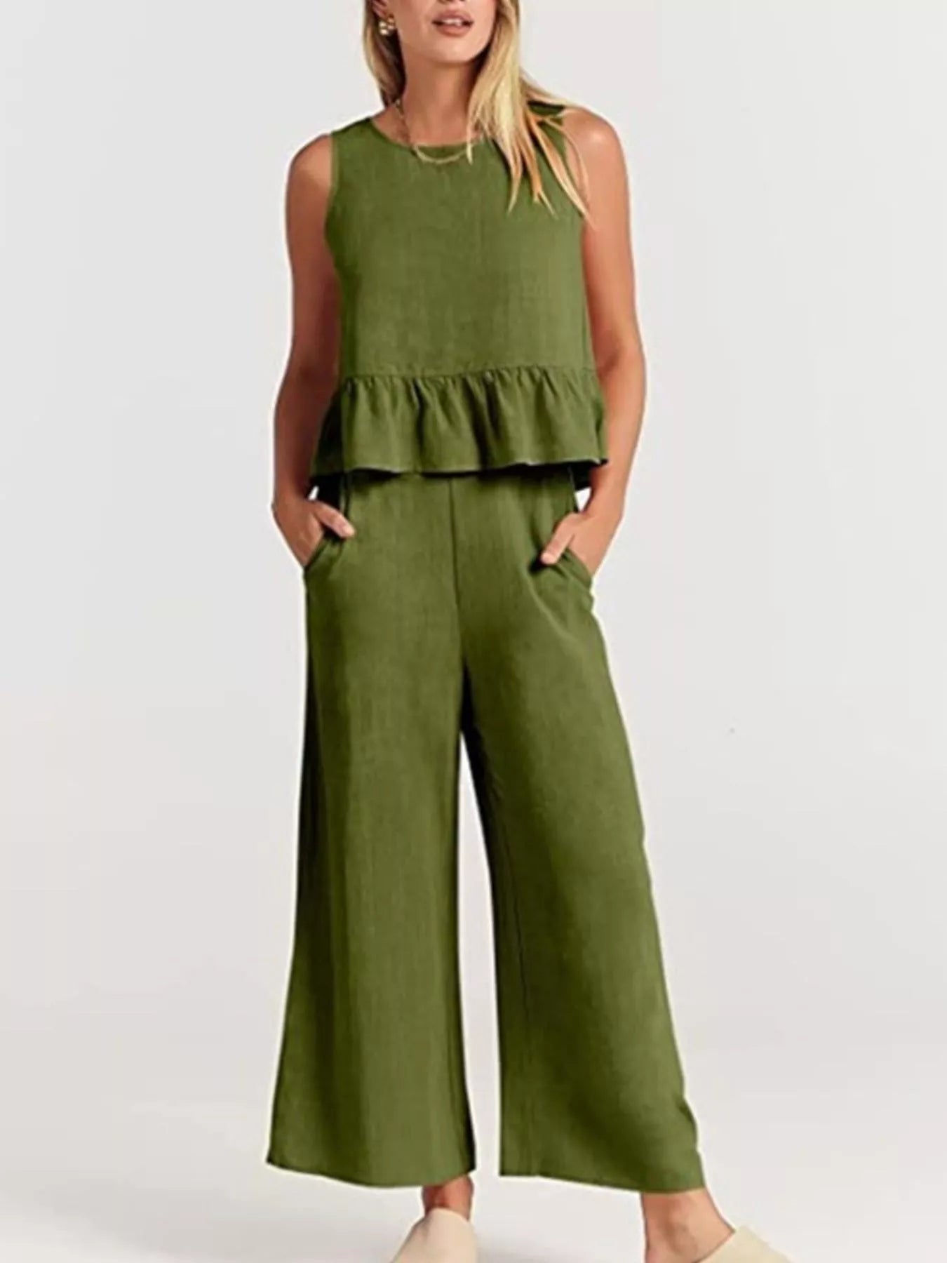 Full Size Ruffled Hem Sleeveless Top and Wide-Leg Pants Set Plus Size