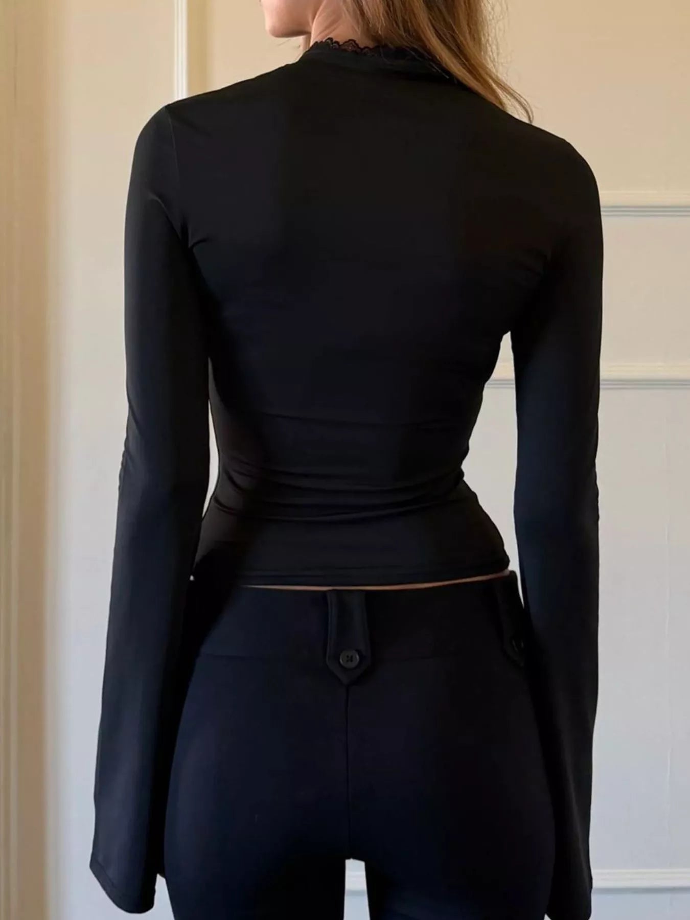 Lace-Trimmed Keyhole Long Sleeve T-Shirt