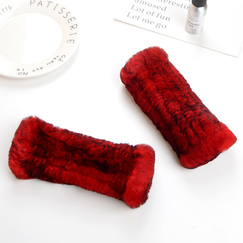 Winter Wristband Mid-Length Gloves - Rex Rabbit Fur Insulation With Striped Half-Finger Design