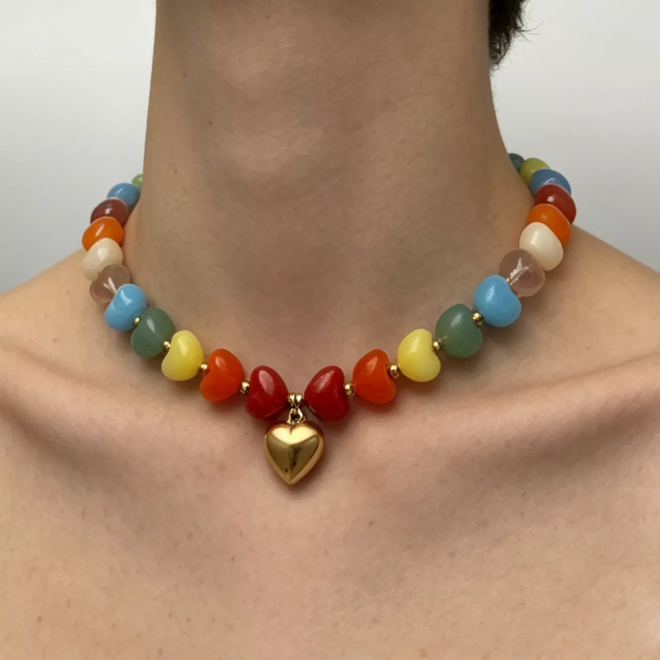 Colorful Heart Pendant Beaded Collarbone Necklace