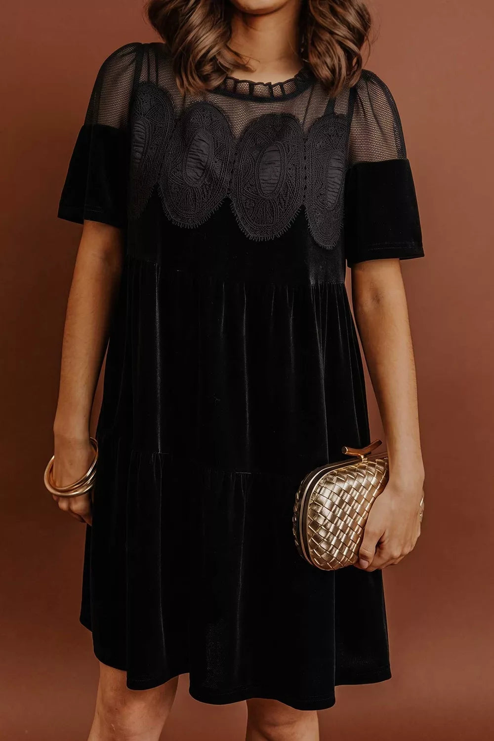Embroidered Velvet Short Sleeve Mini Shift Dress
