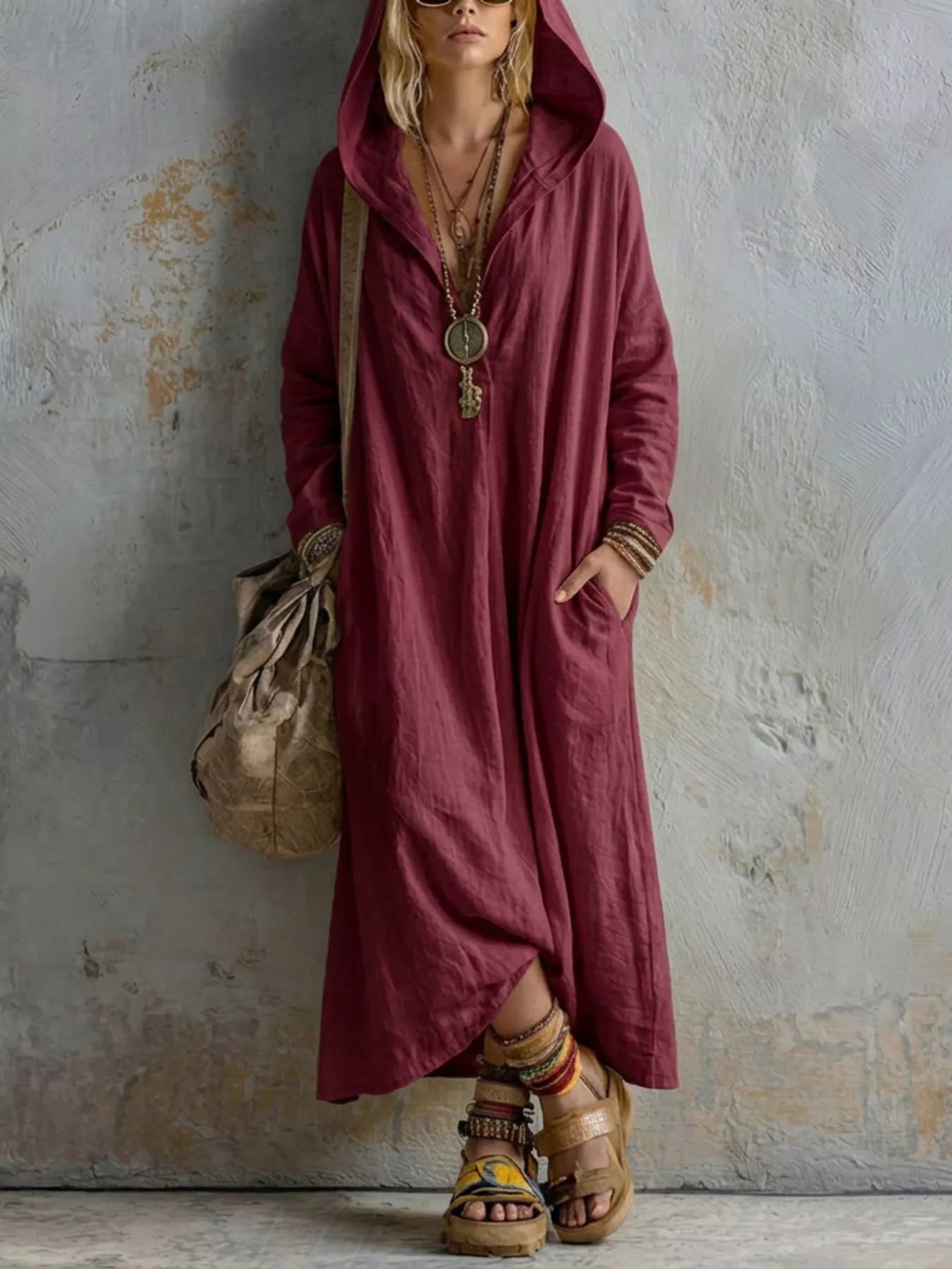 Long Sleeve Hooded Midi Dress with Pockets