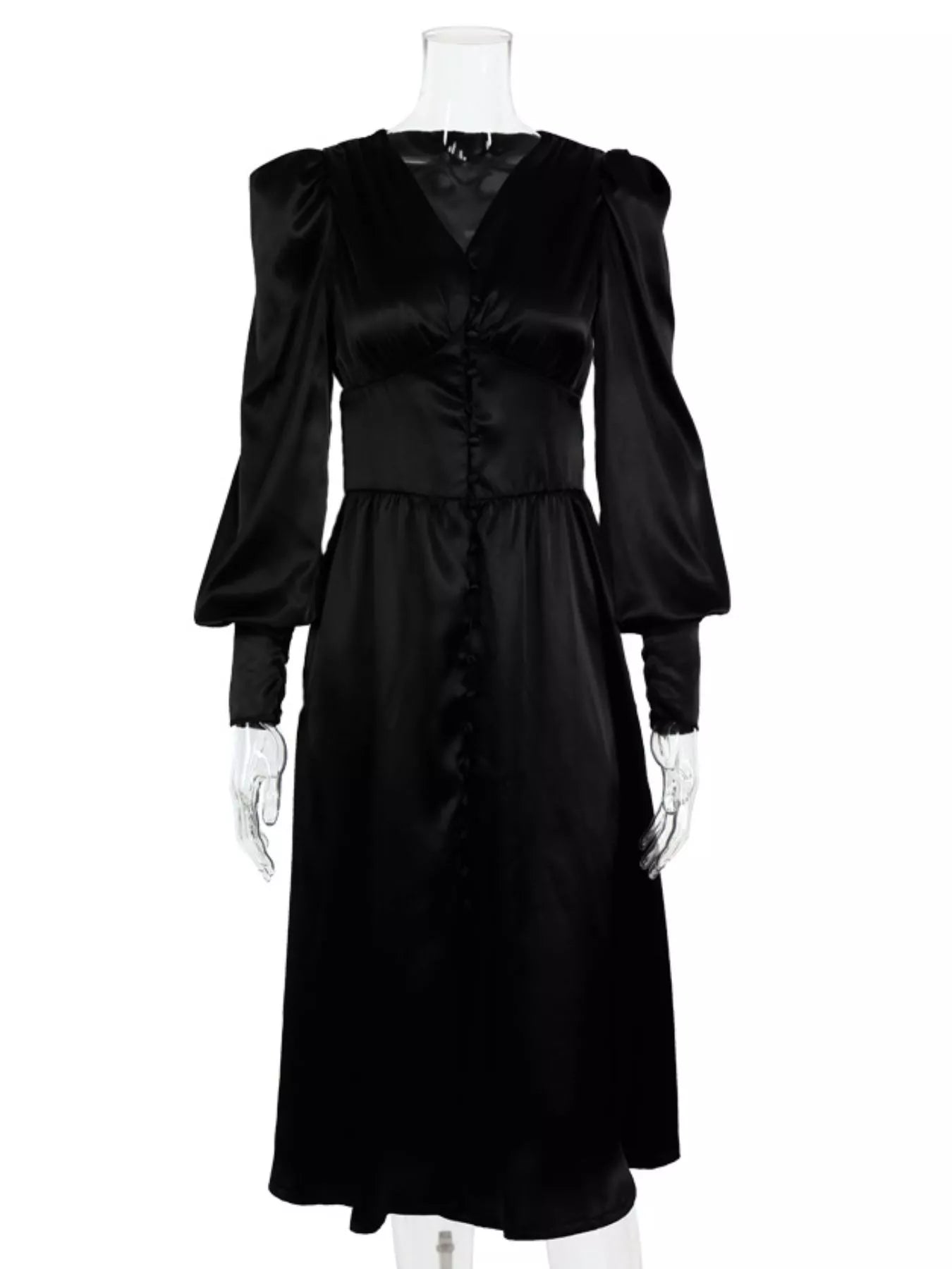 Elegant V-Neck Puff Sleeve Button-Down Midi Dress