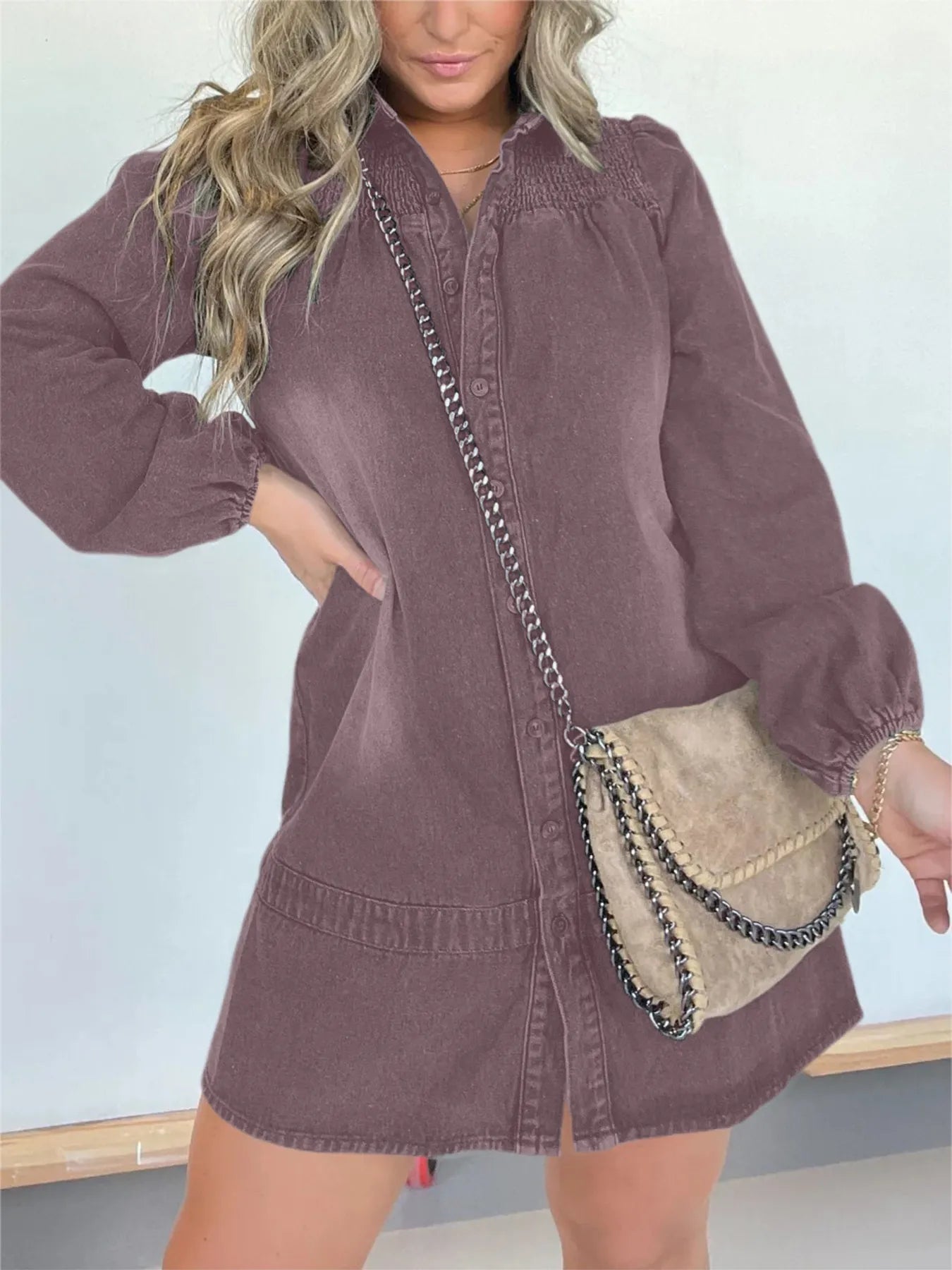 Full Size Button Front Long Sleeve Denim Dress Plus Size