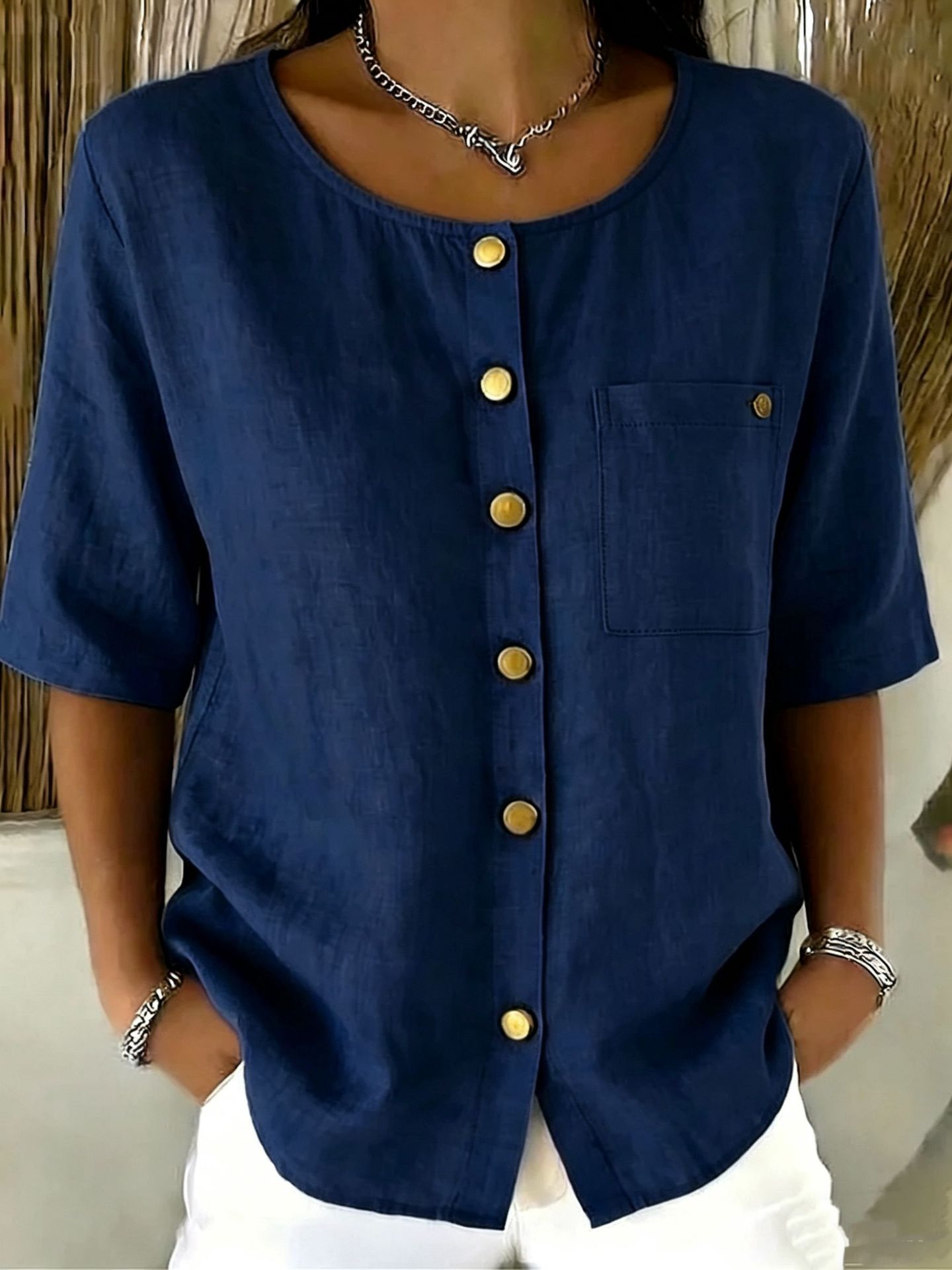 Crew-Neck 3/4 Sleeve Shirt with Metal Buttons – 7 Colors, S–3XL