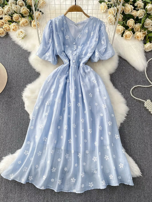 Floral Puff Sleeve A-Line Midi Dress