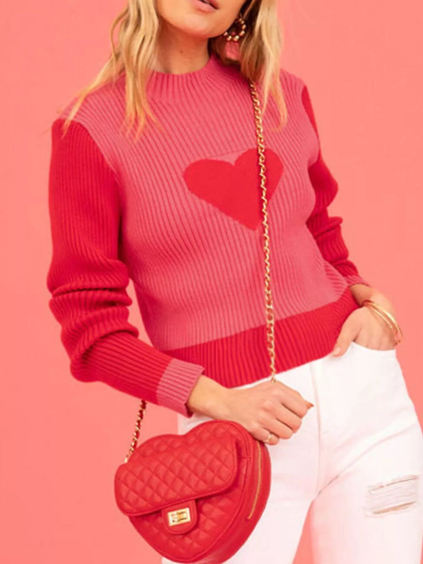 Color-Block Heart Pattern Ribbed Knit Sweater