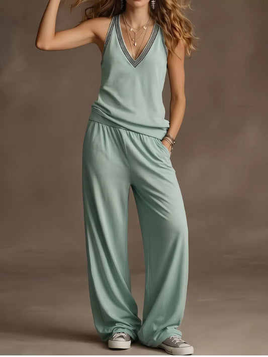 Full Size V-Neck Tank Top & Wide-Leg Pants Set Plus Size