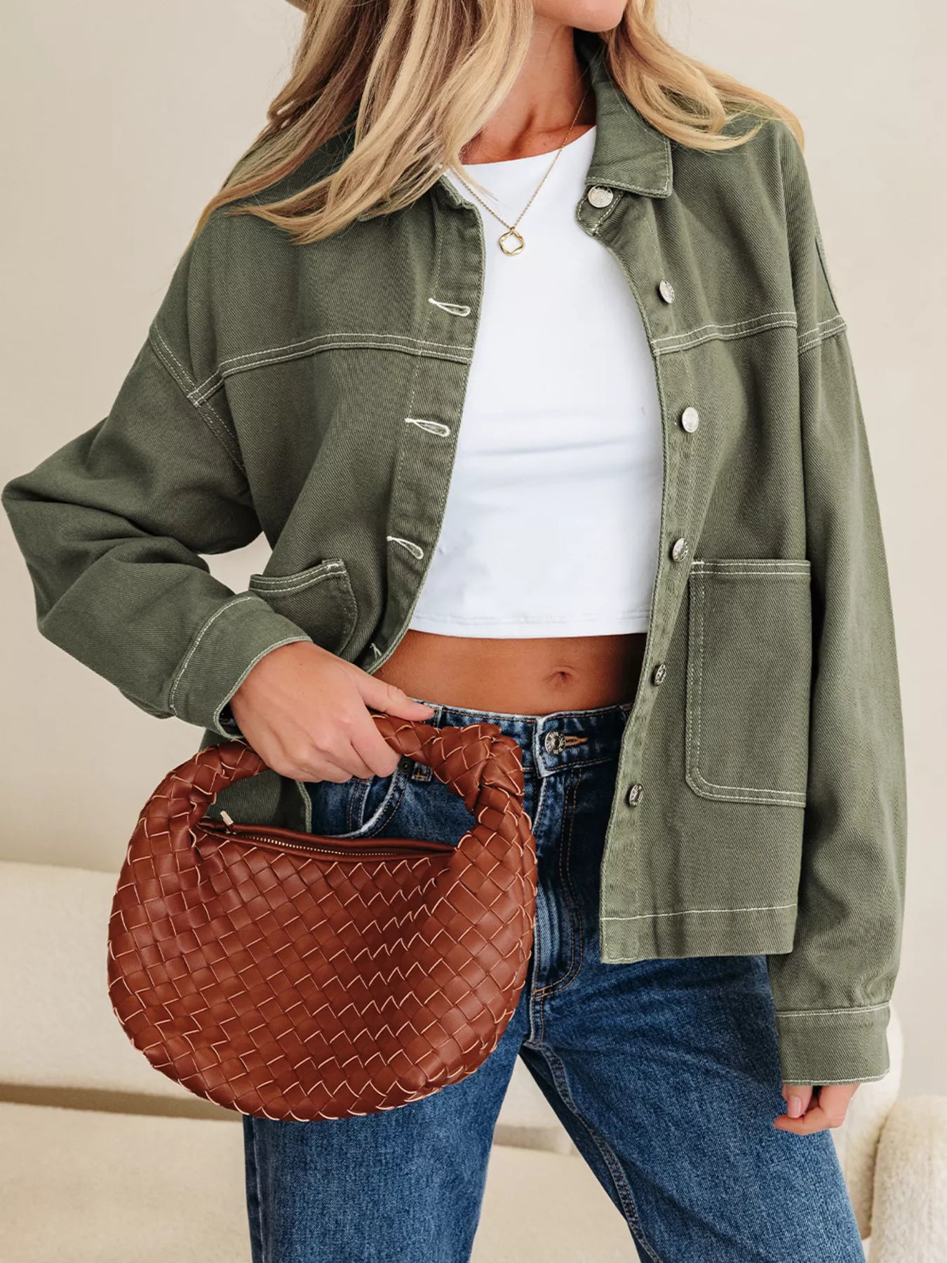 Patched Pocket Collared Button Front Boyfriend Denim Jacket