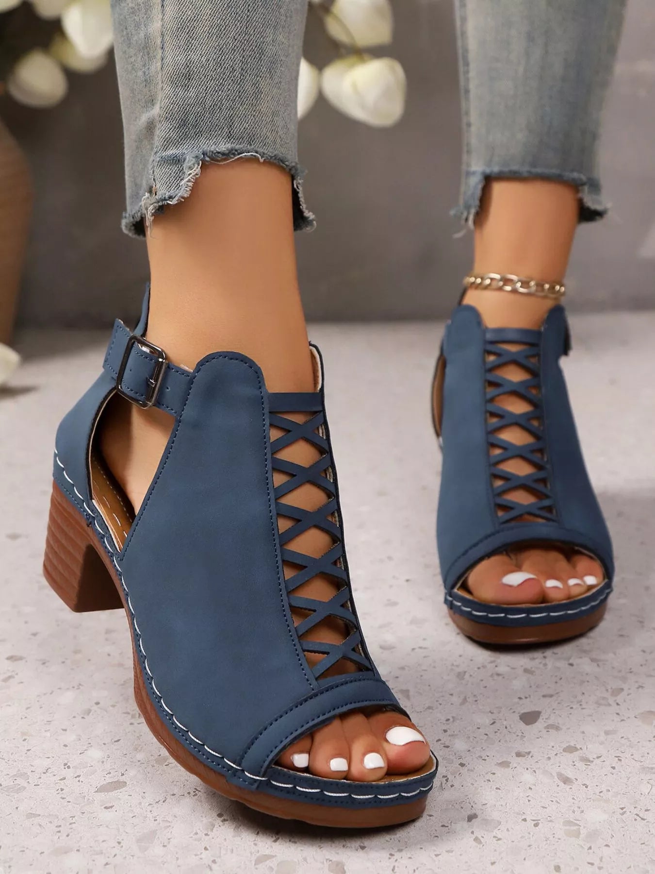 Crisscross Peep Toe Block Heels Sandals