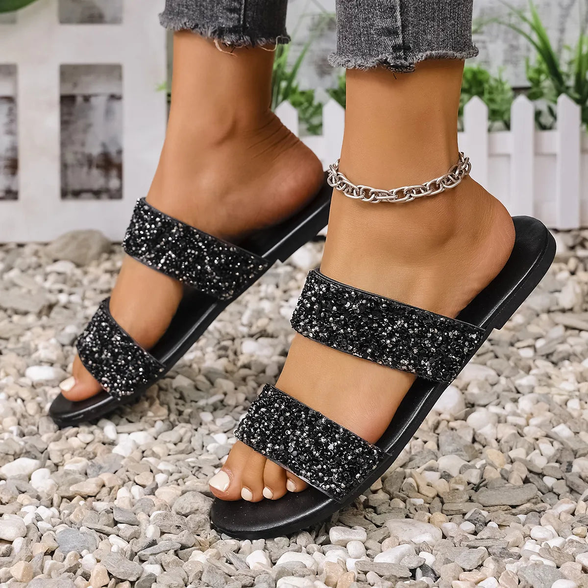 Sequin Open Toe Flats Sandals
