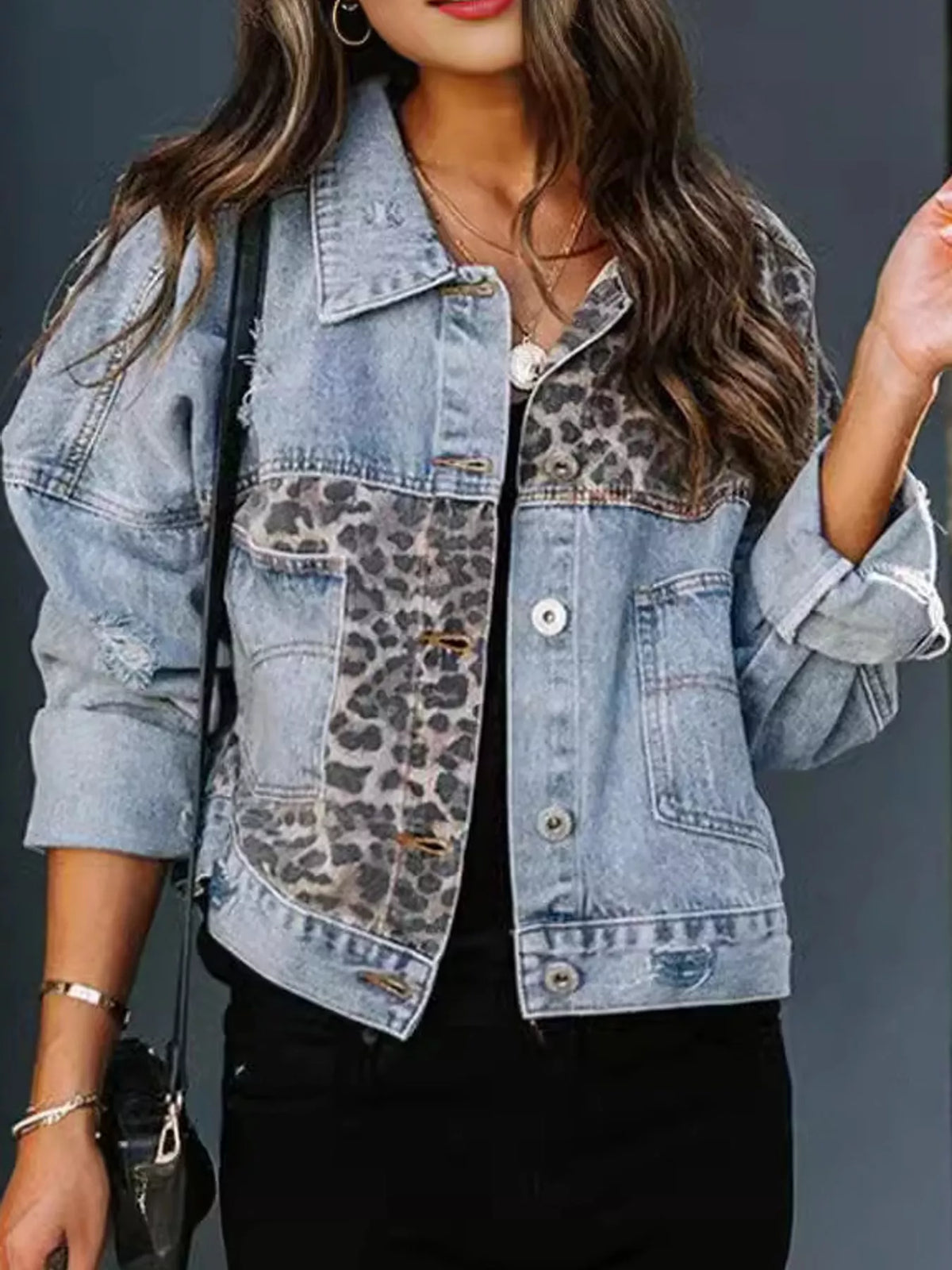 Full Size Distressed Leopard Dropped Shoulder Denim Jacket Plus Size