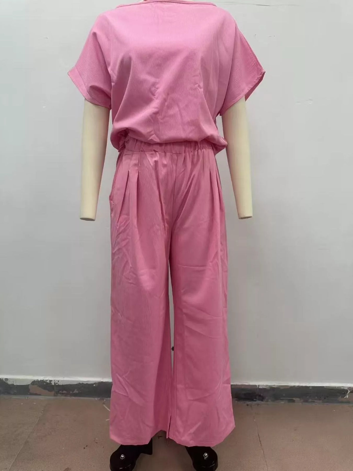 Full Size Solid Color Top and Wide-Leg Pants Set Plus Size