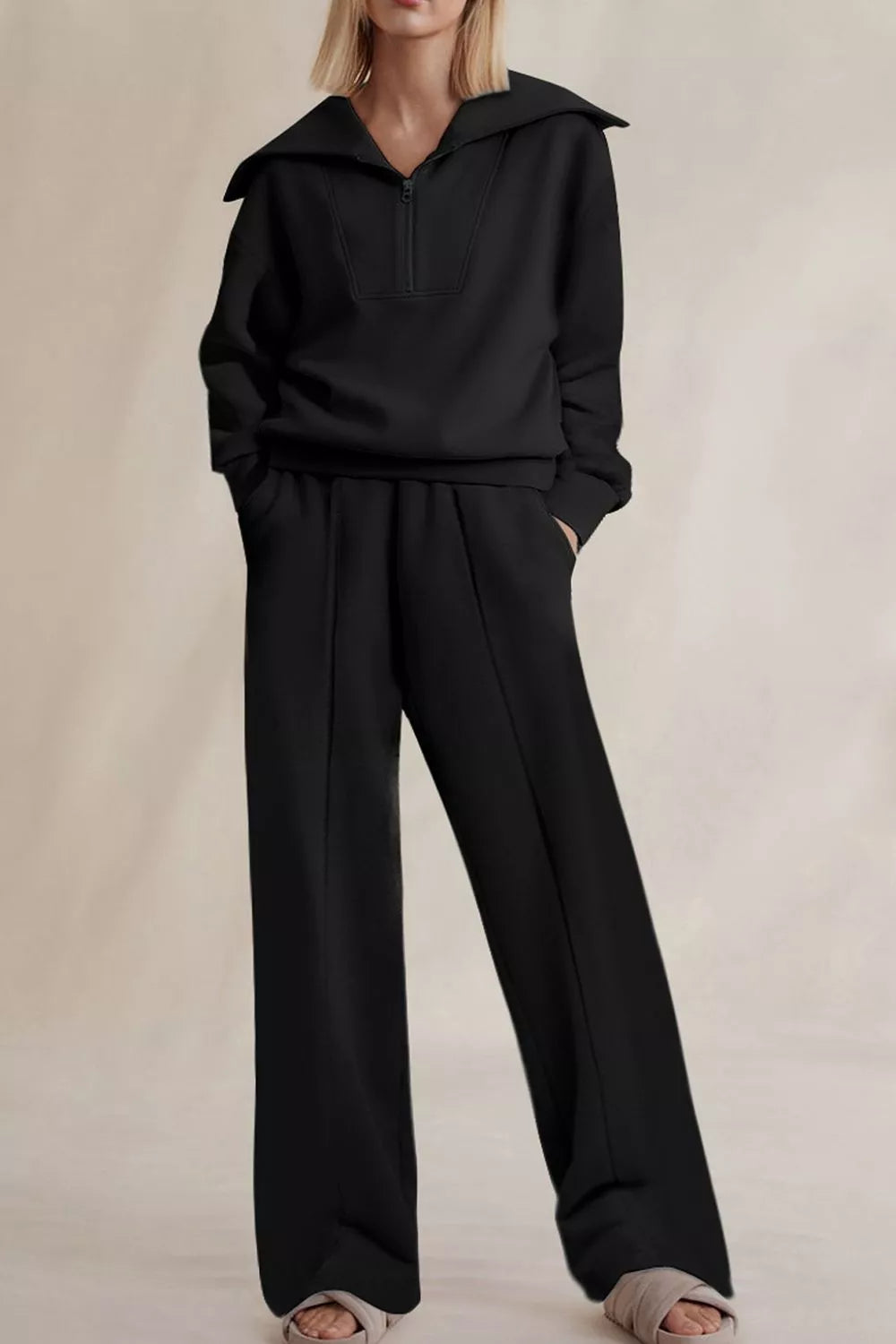 Solid Zip Sailor Collar Pullover Athleisure Sweatpants 2pcs Set