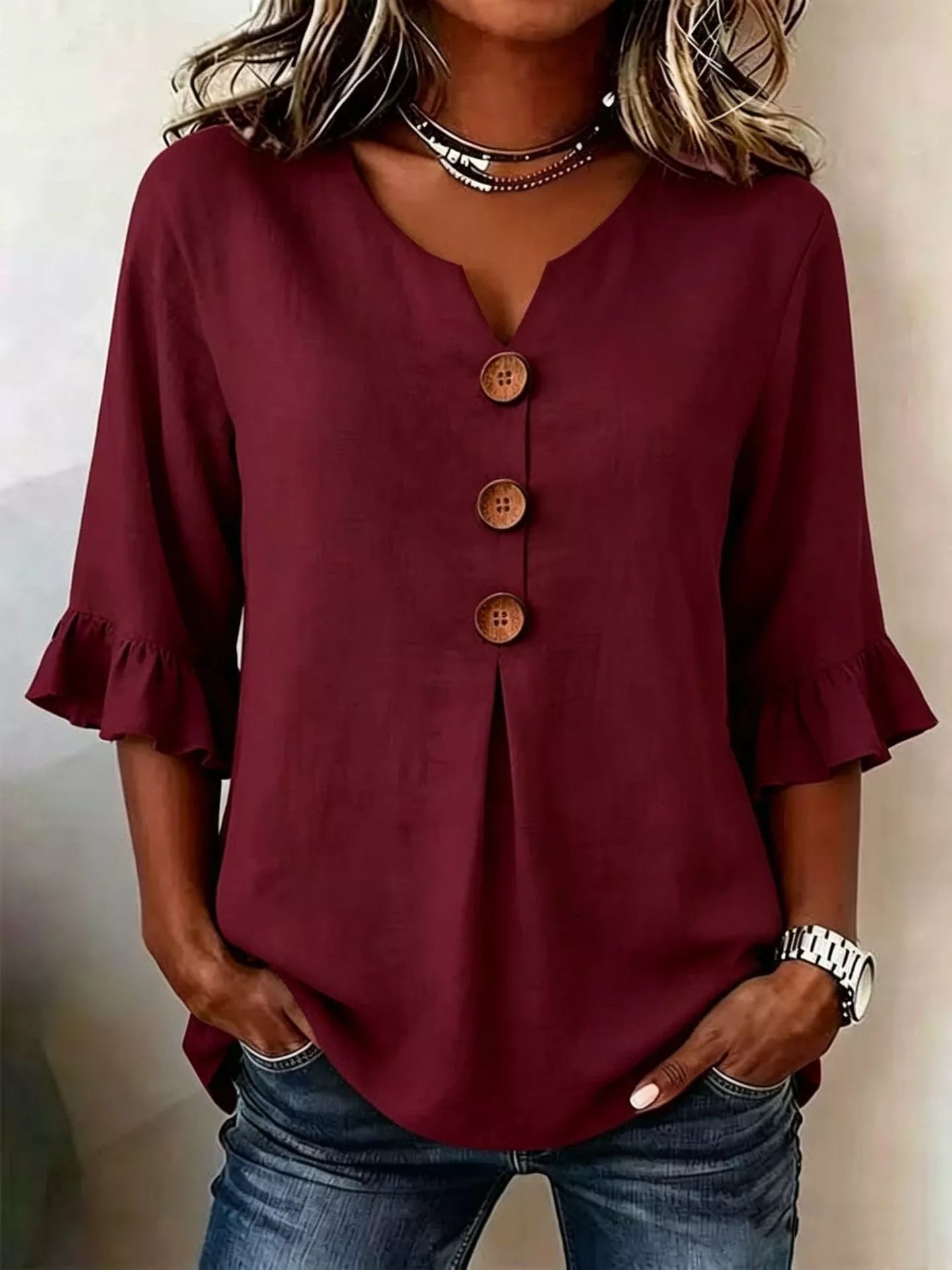 Full Size Casual Ruffle‑Sleeve Decor‑Button Top Plus Size