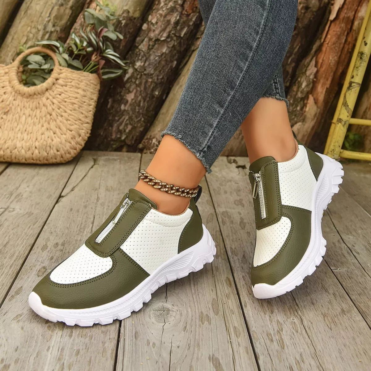 Contrast Breathable Zip Sneakers