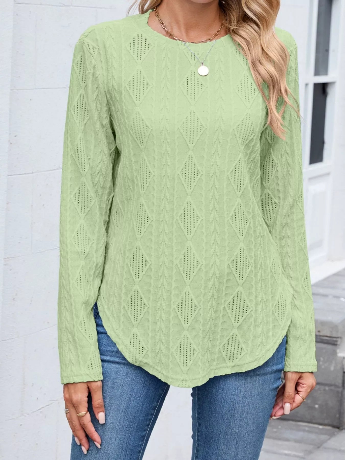 Textured Diamond Knit Long Sleeve T-Shirt