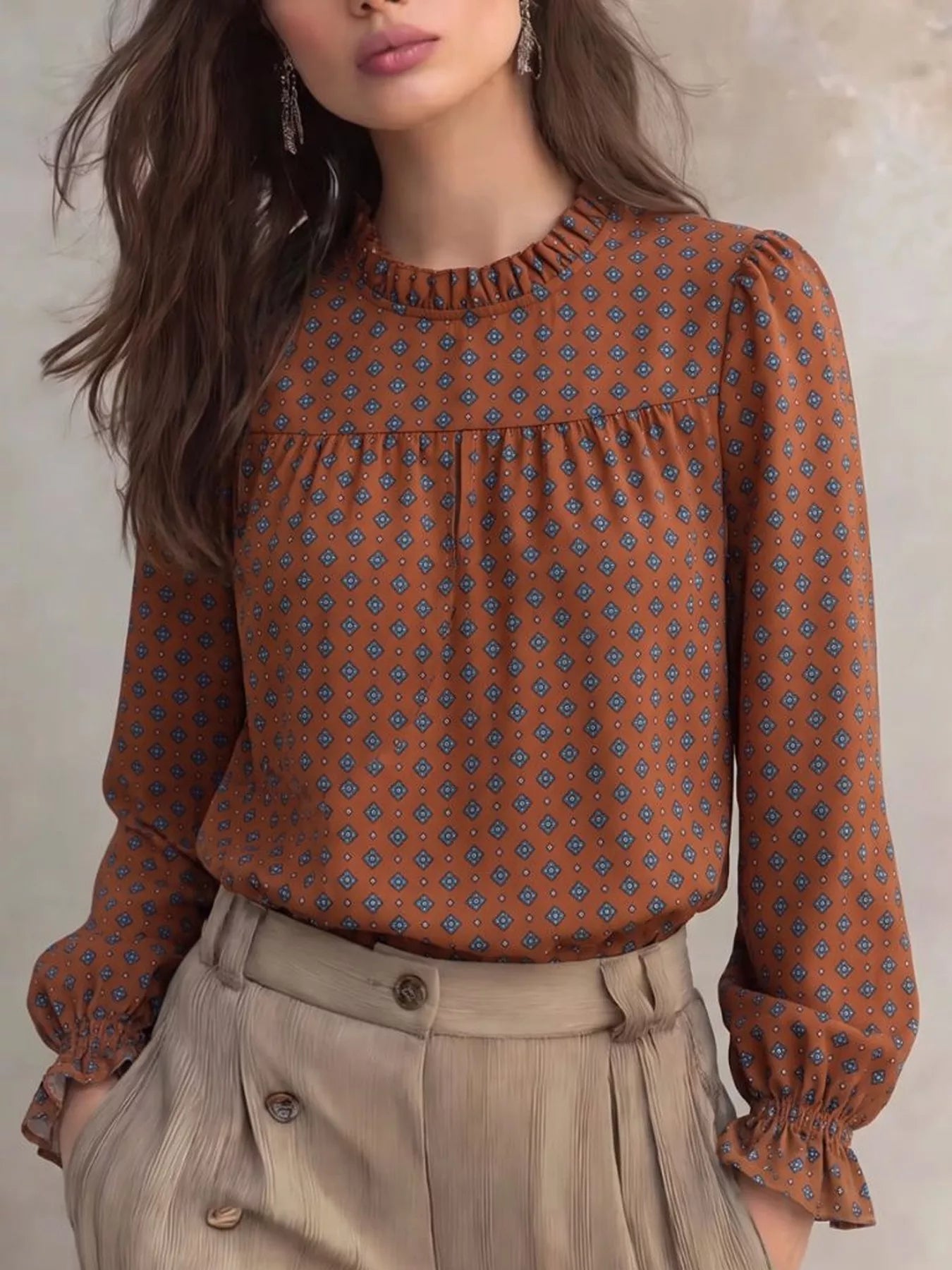 Printed Flounce Sleeve Blouse