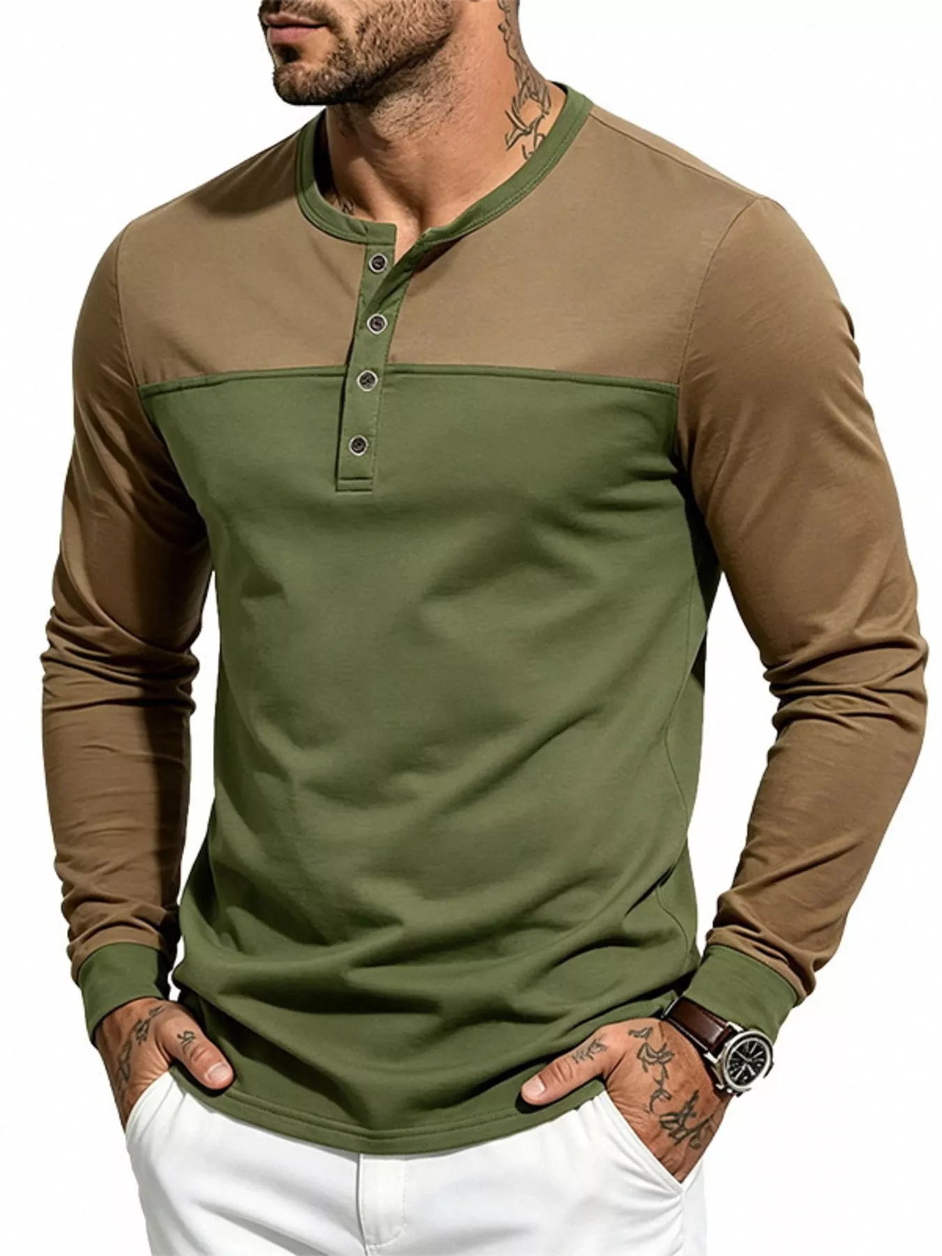 Men's Full Size Color-Block Long Sleeve Henley T-Shirt Plus Size