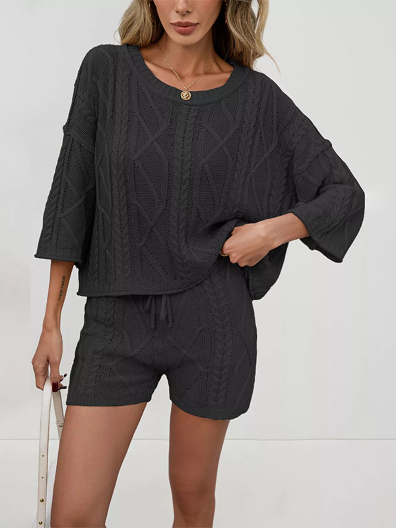 Cable Knit 3/4 Sleeve Sweater and Shorts Set