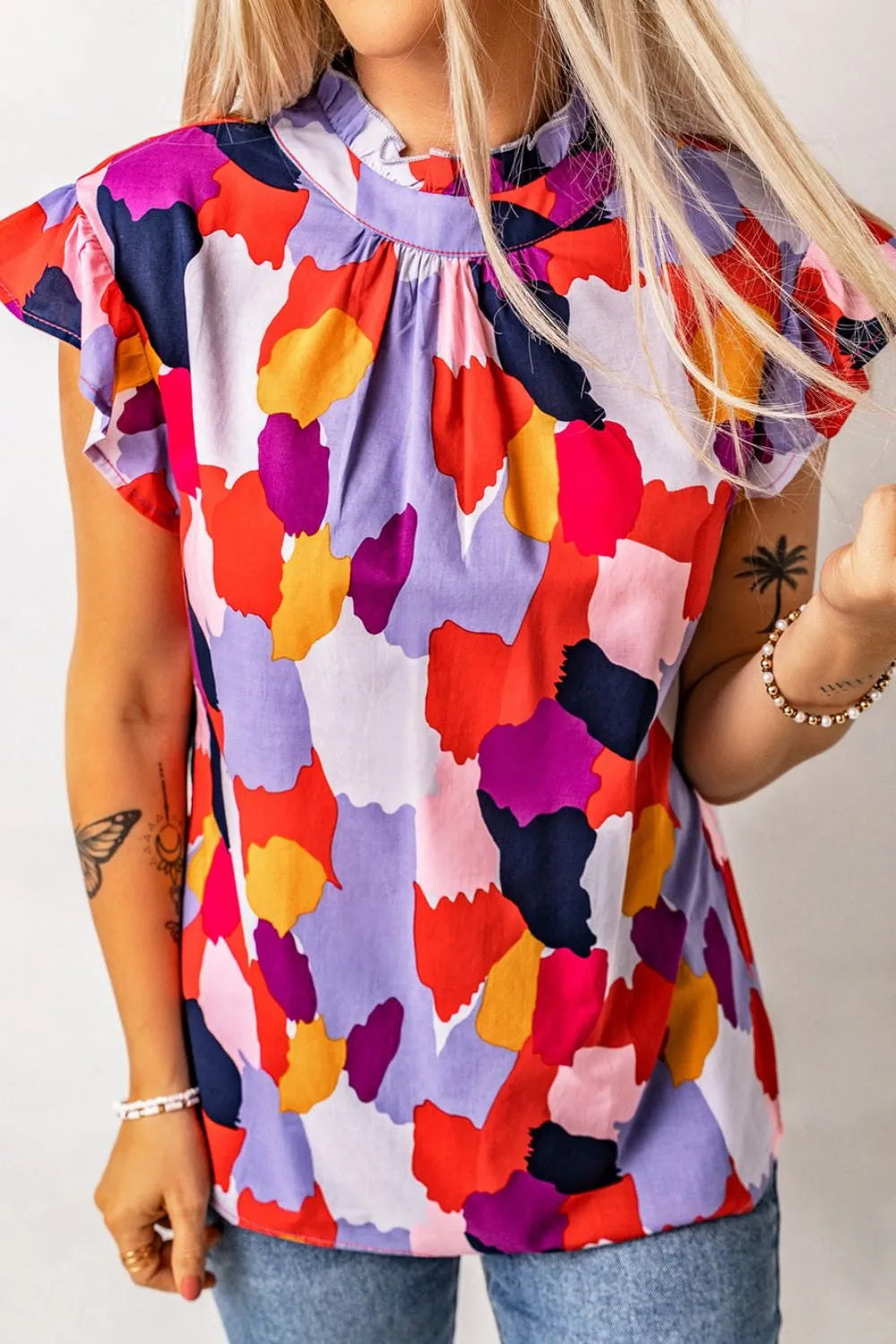 Frill Printed Mock Neck Cap Sleeve Blouse