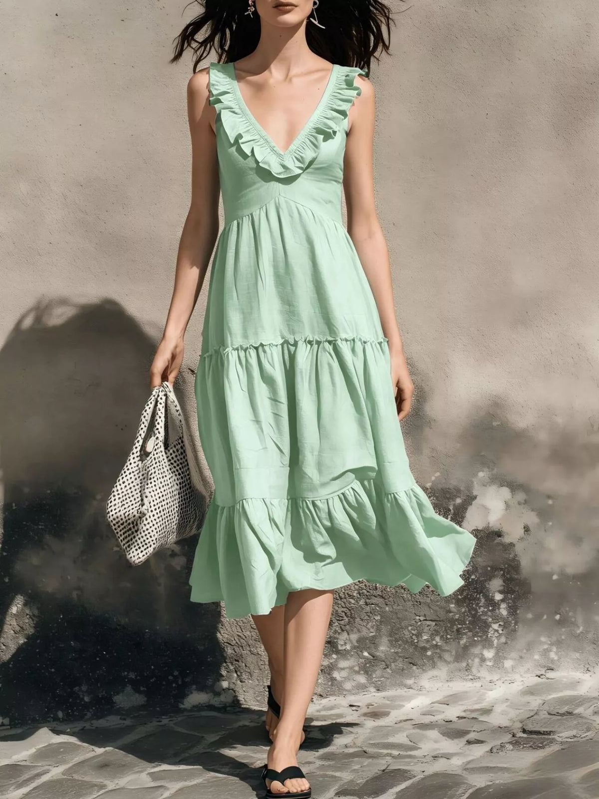 Full Size Ruffled V-Neck Tiered Midi Dress Plus Size