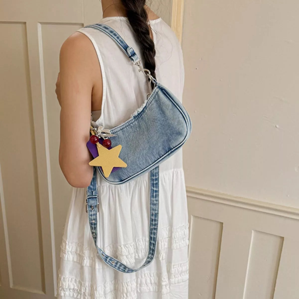 Star Charm Denim Shoulder Bag