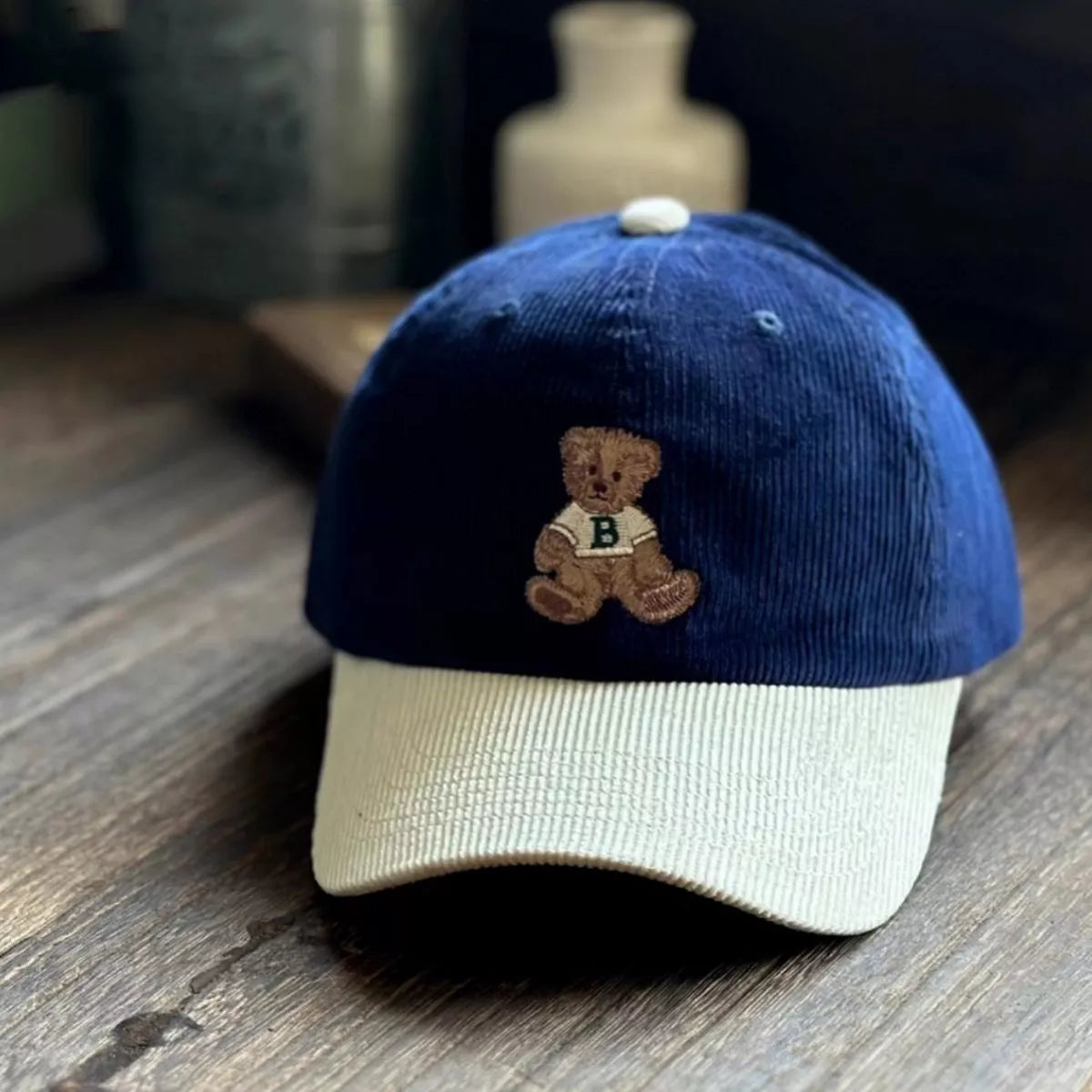 Corduroy Baseball Cap with Embroidered Bear
