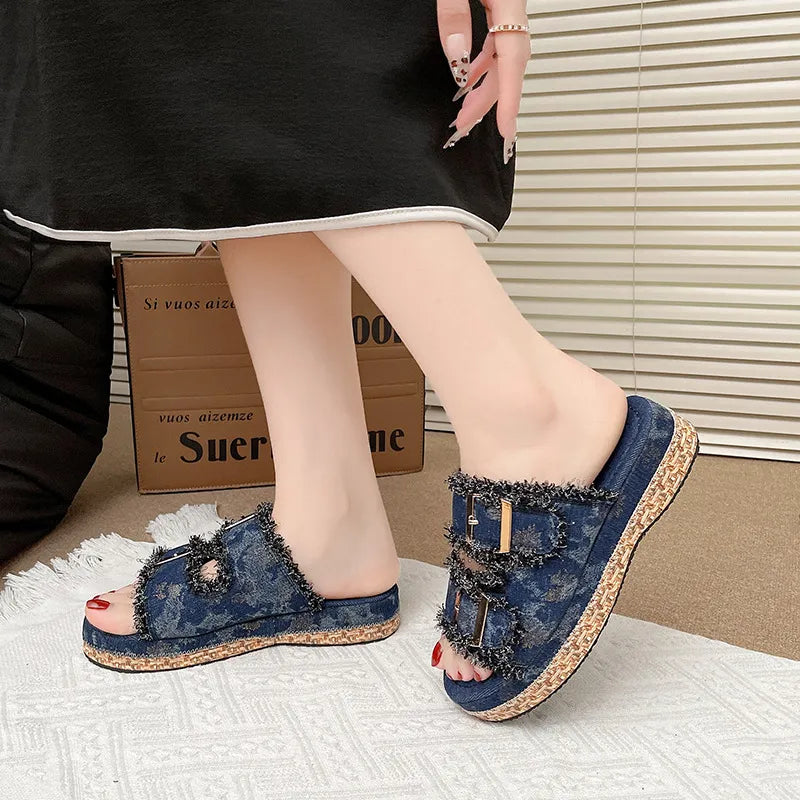 Open Toe Double Buckle Platform Sandals