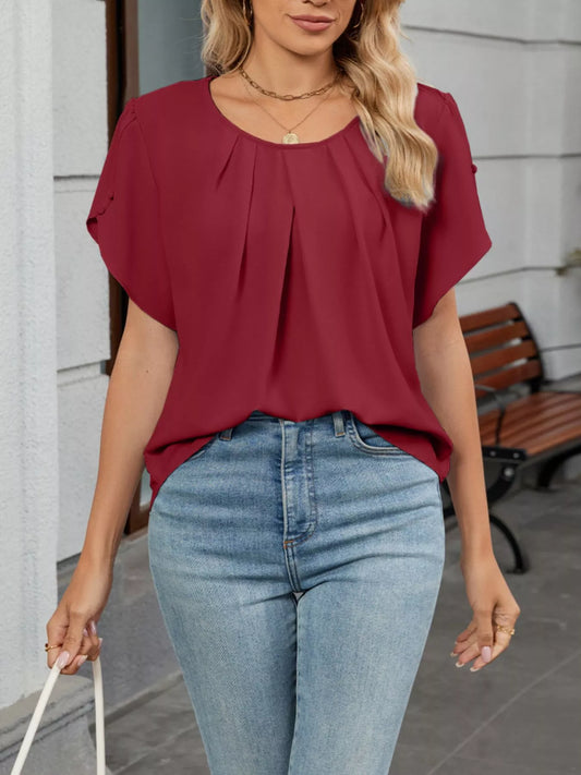 Elegant Pleated Flowy Short Sleeve Blouse