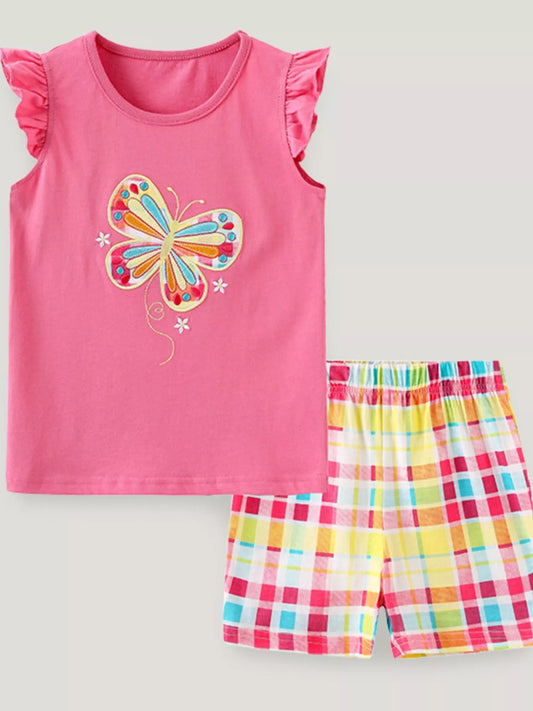 Children's Butterfly Flutter Sleeve Top and Plaid Shorts Set