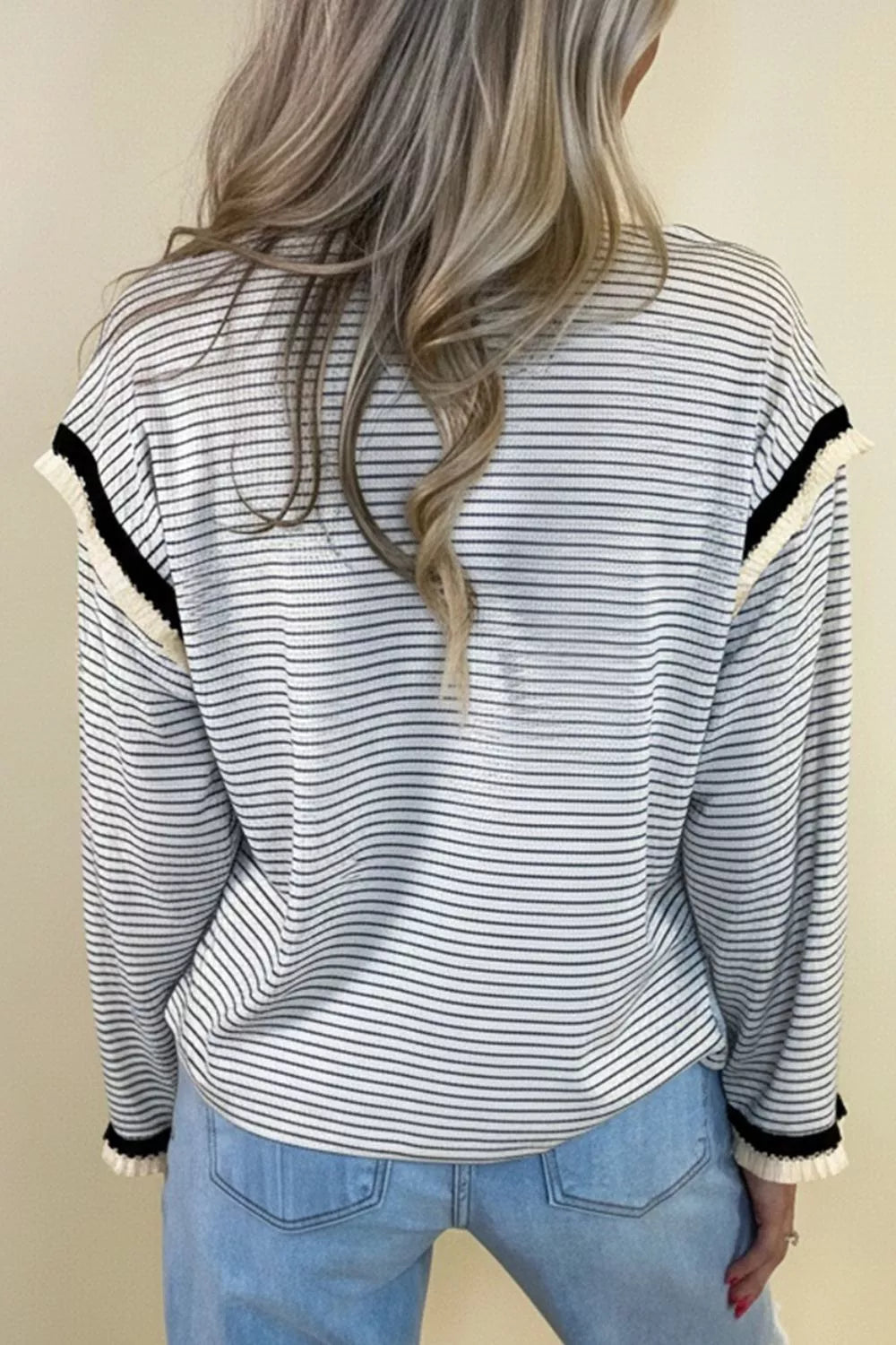 Stripe Contrasted Ruffle Trim Loose Long Sleeve Top