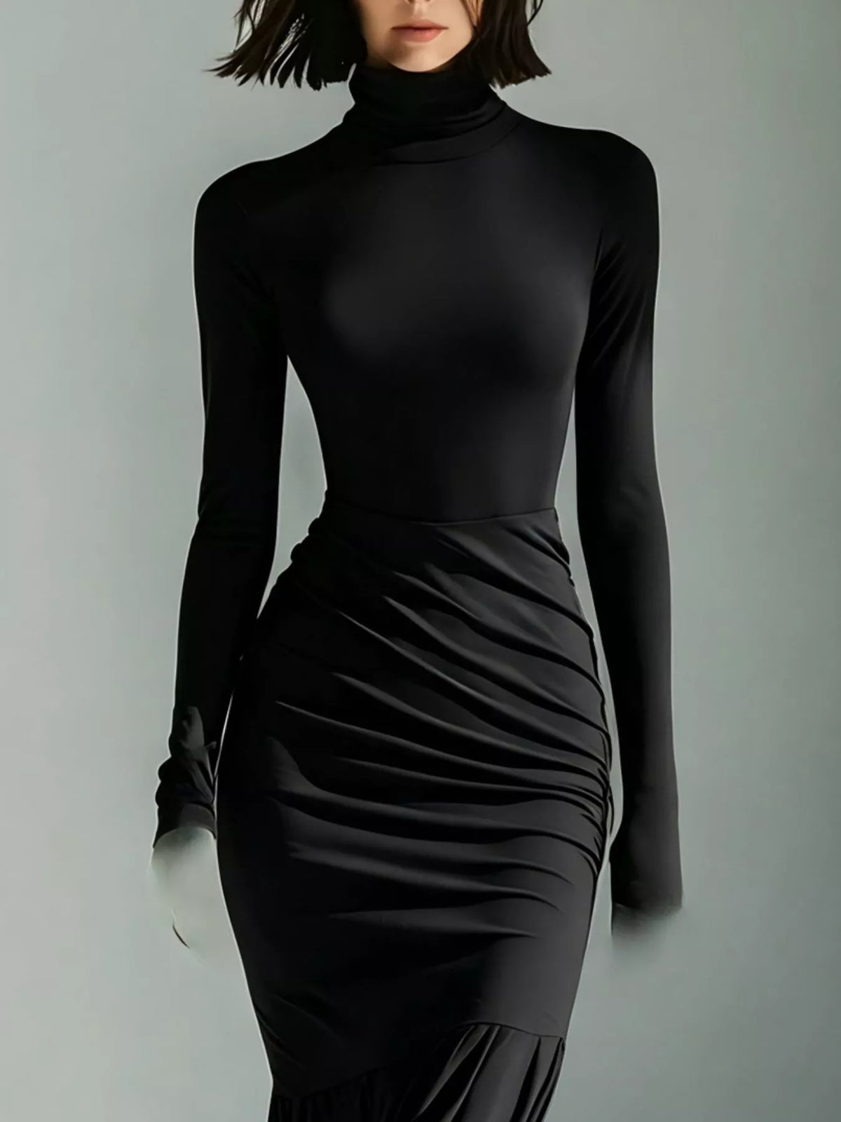 Full Size Slit Turtleneck Ruched Bodycon Mermaid Dress Plus Size