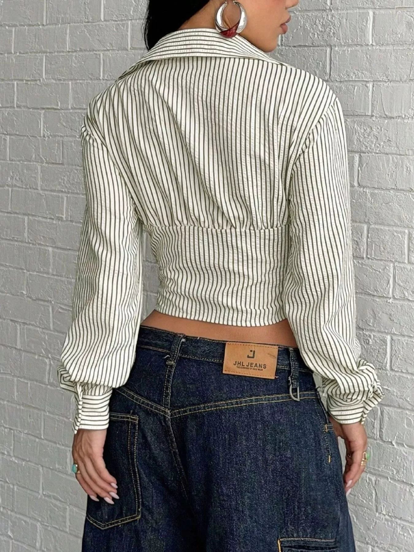 Deep V-Neck Striped Long Sleeve Blouse
