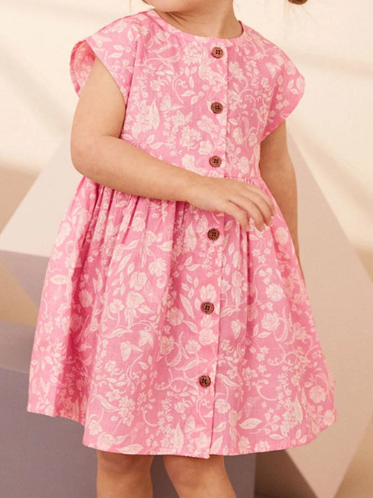 Children's Floral Print Button-Front Casual Dress