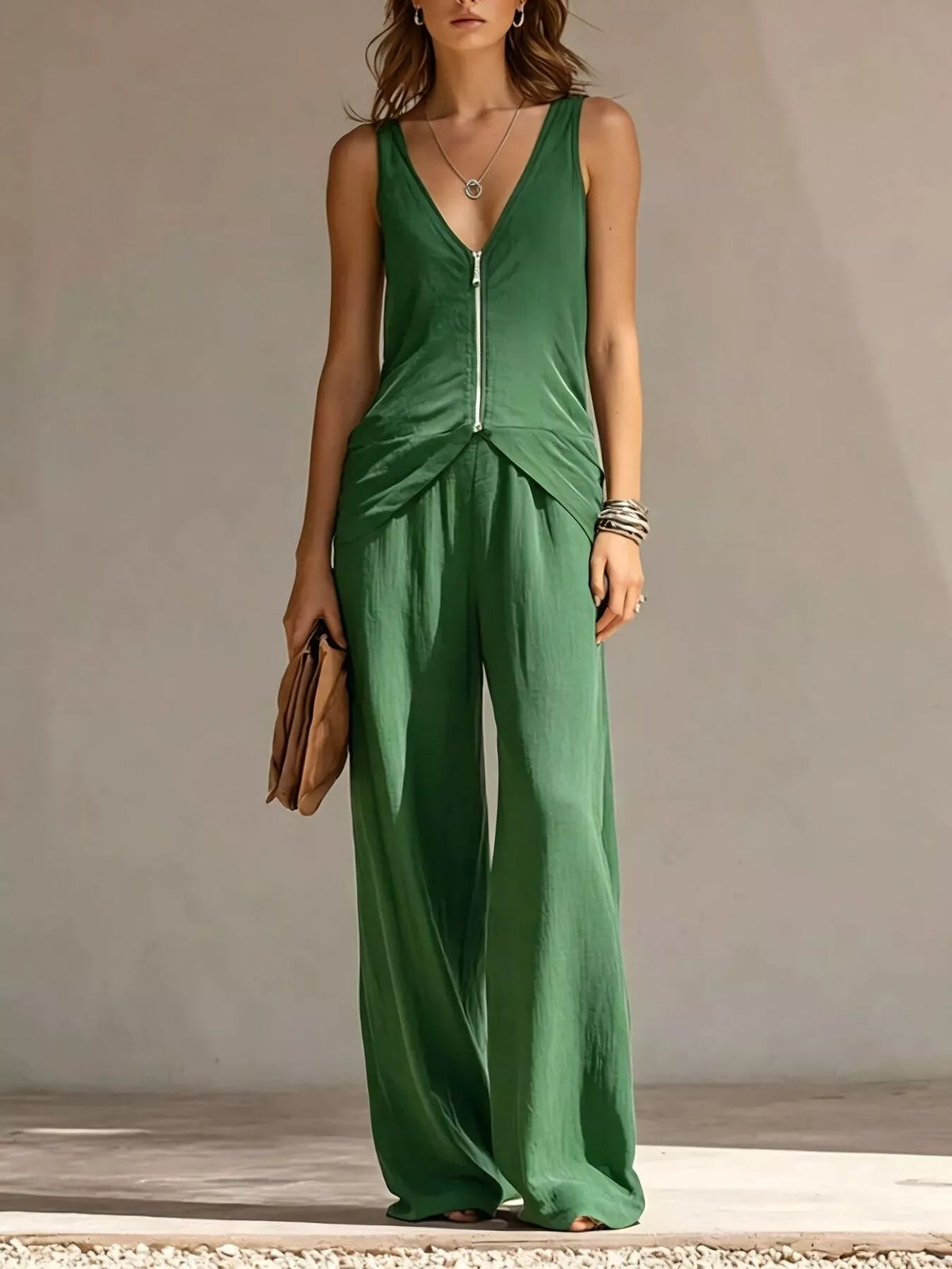 Full Size Zipper Front Tank and Wide-Leg Pants Set Plus Size