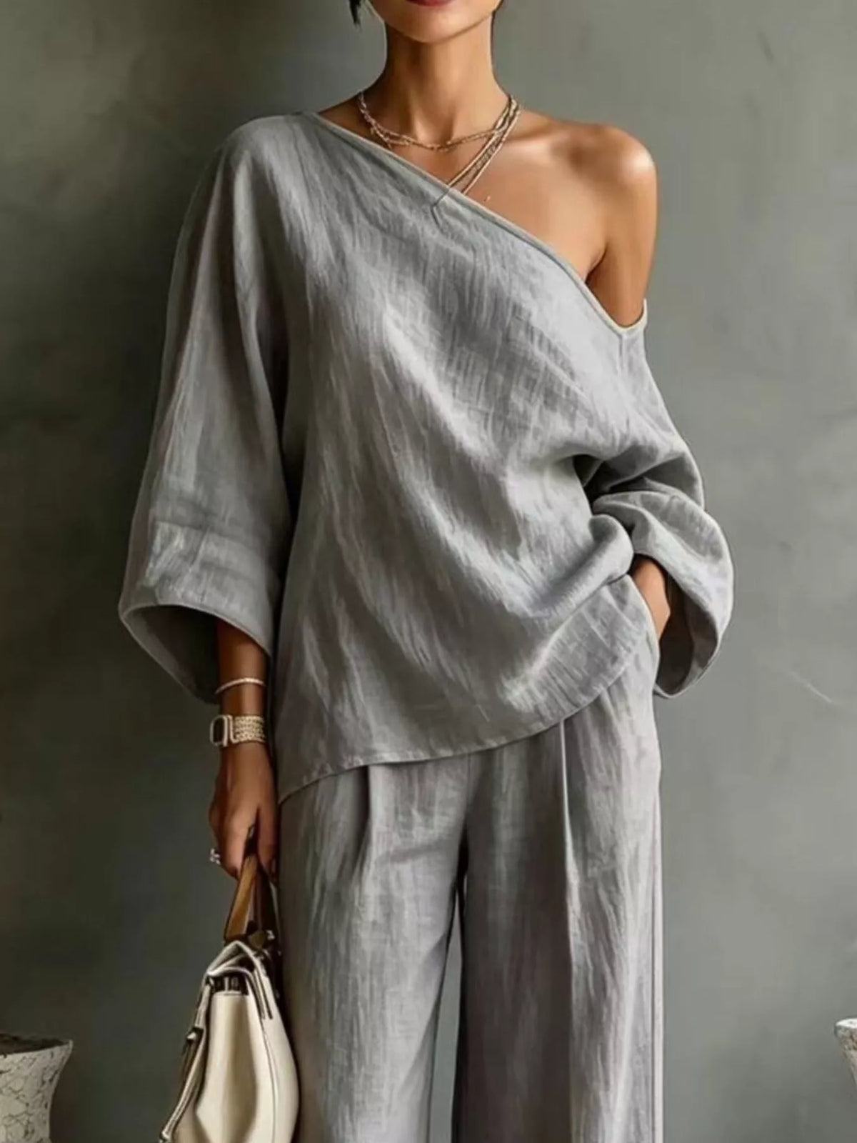 One Shoulder Top and Wide Leg Pants Set
