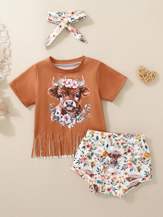 Children's Cow Floral Graphic Fringe Tee and Shorts Set with Headband