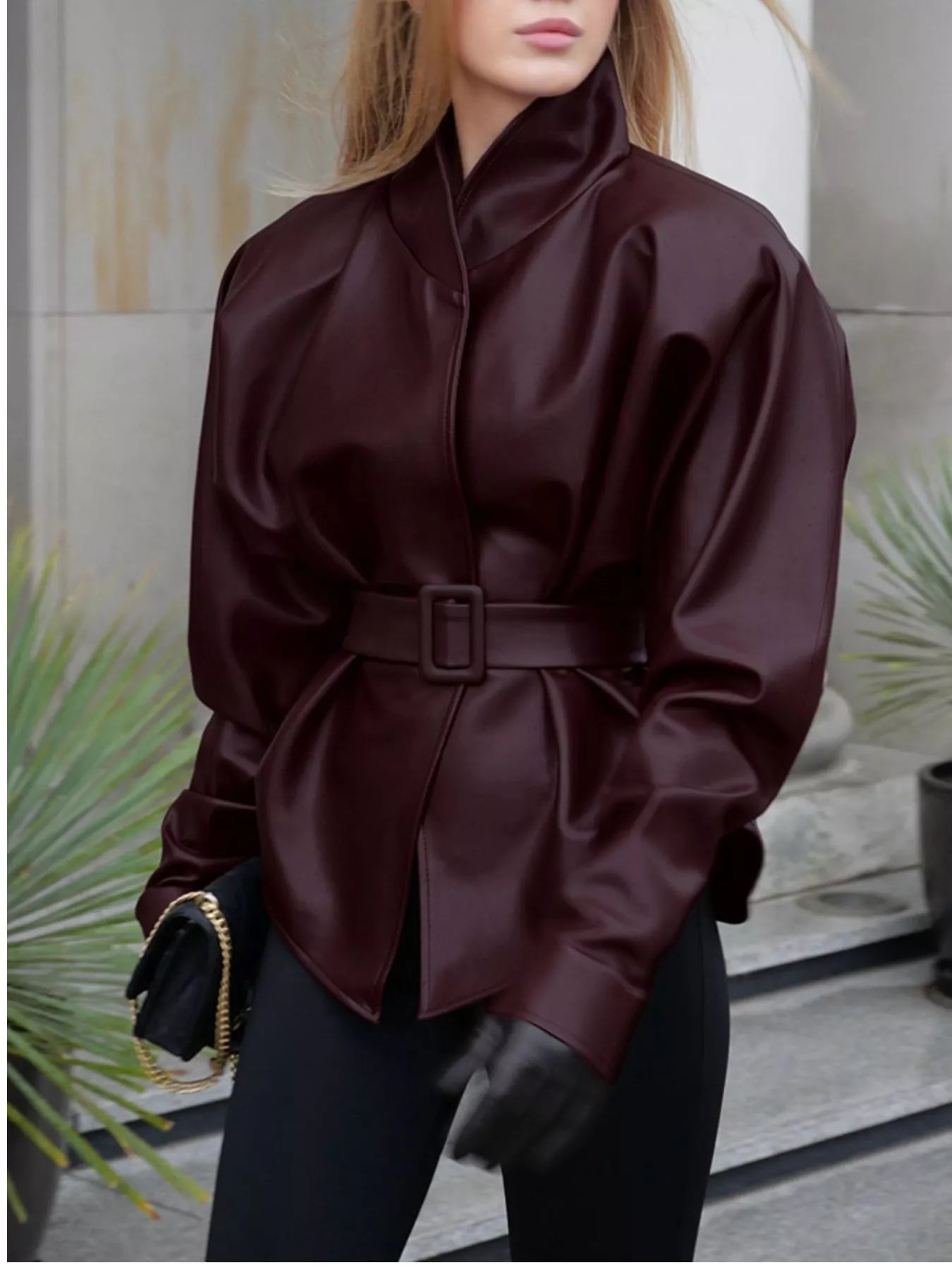 Stand Collar Belted Faux Leather Jacket