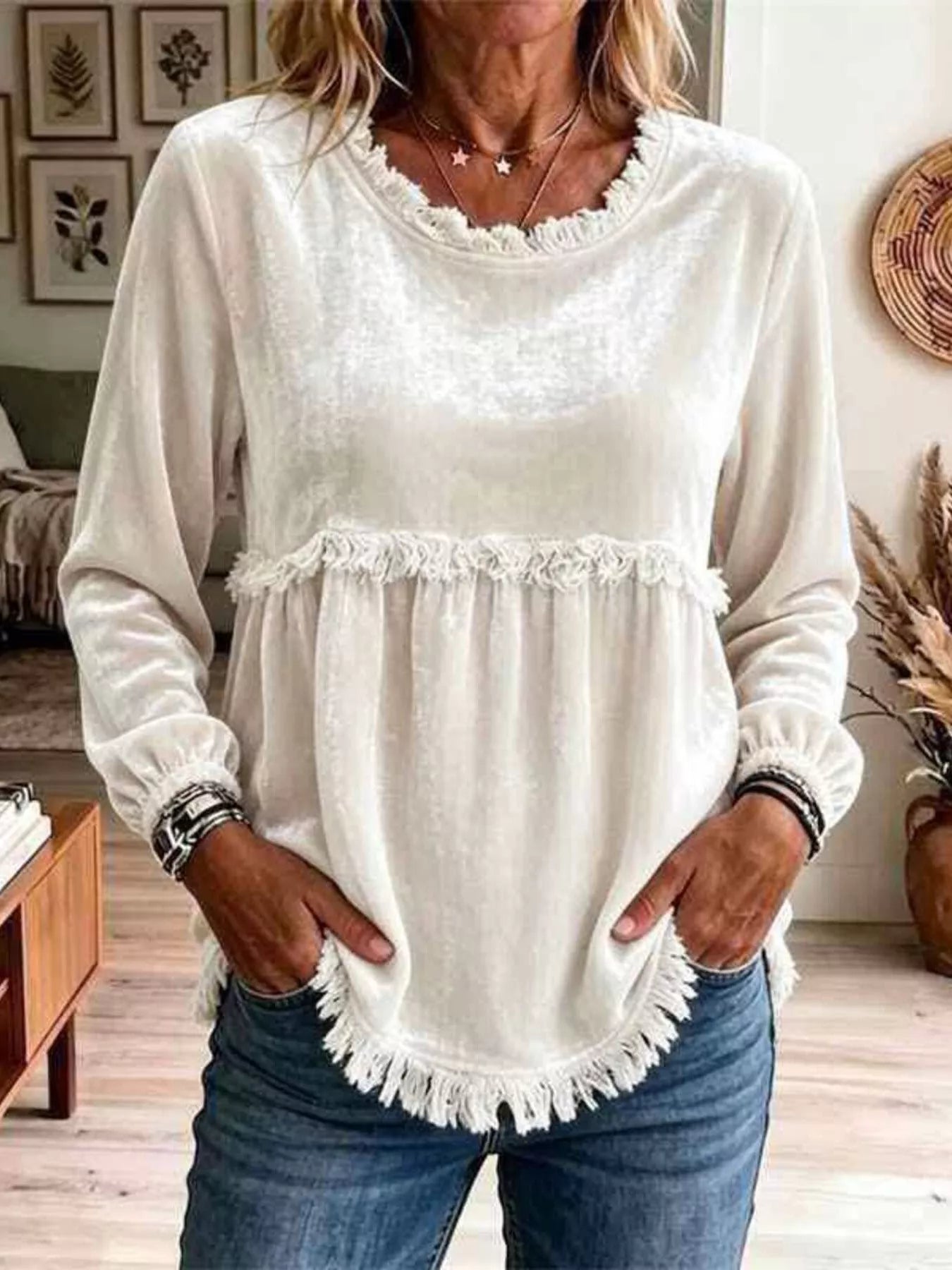 Fringed Hem Long Sleeve T-Shirt