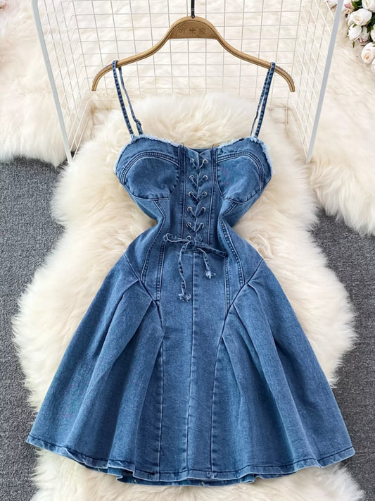 Lace-Up Denim A-Line Mini Dress