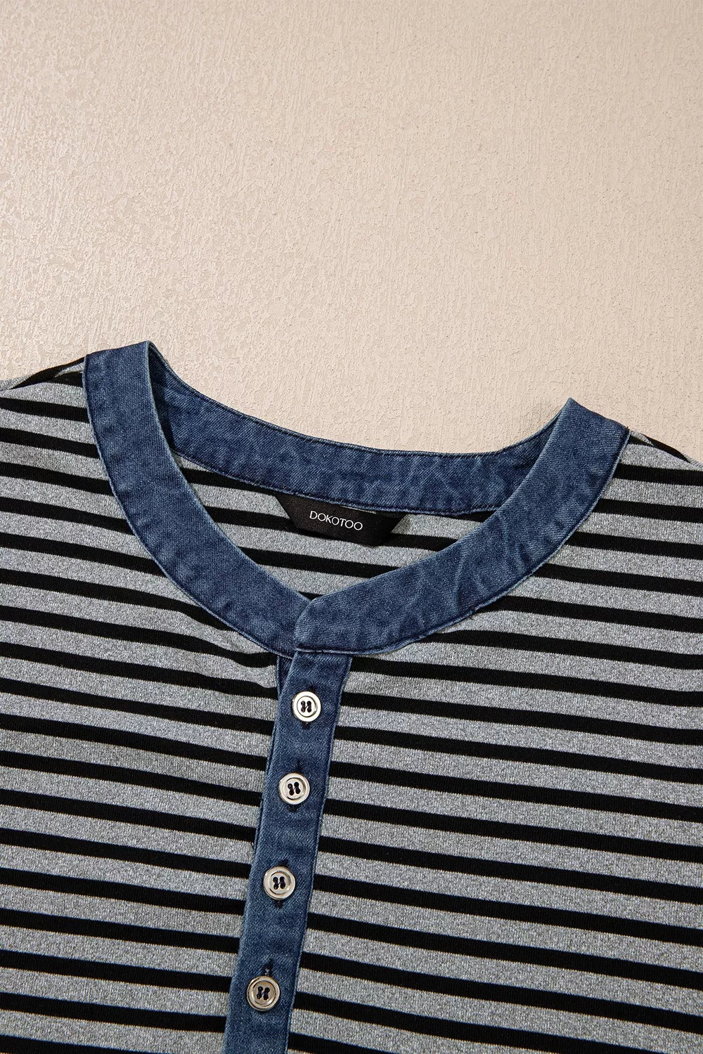 Stripe Denim Contrast Collar Half Button Long Sleeve Top
